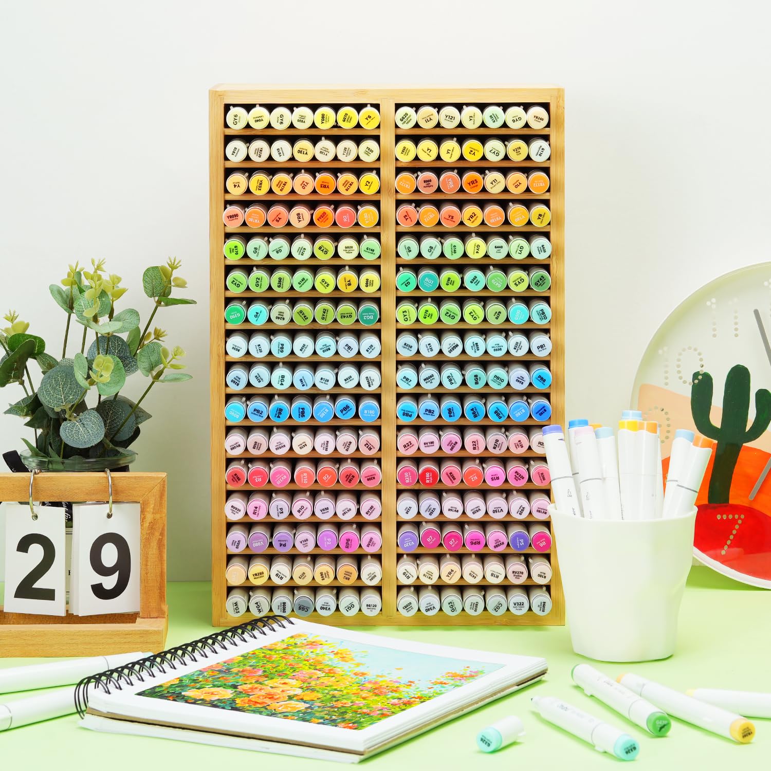 Ohuhu Organiseurs de marqueurs en bambou, Rangement Bureau en bois Tenir 224 marqueurs, Stylos Crayons Etuis Organiseurs multimédia avec 32 compartiments pour la maison Salle de classe Bureau