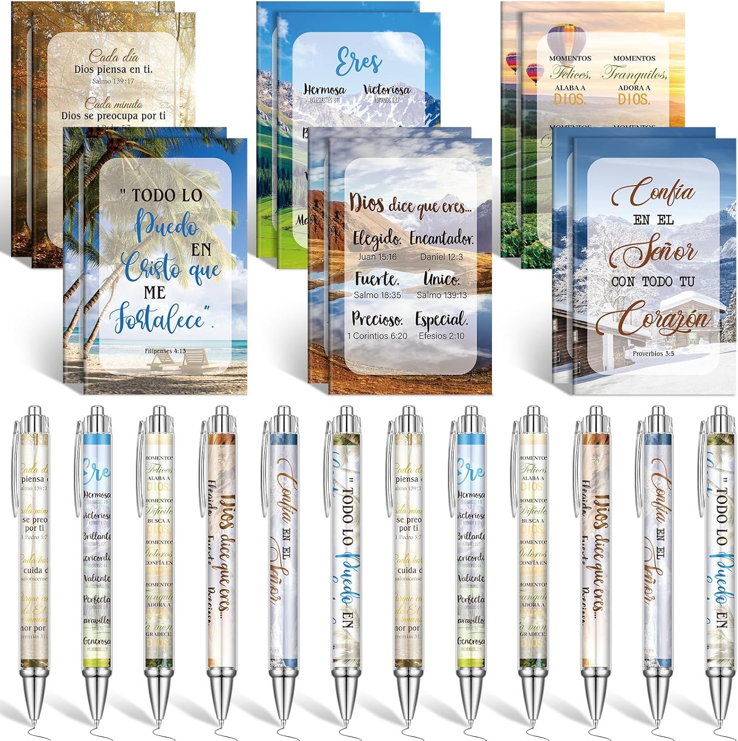 24 Pcs Regalos Cristianos En Español Valentine's Spanish Gifts Pastor Women Valentines Faith Bible Verse Pen Notebook Regalos Cristianos Para Mujer En Español Church(Colorful,Scene)