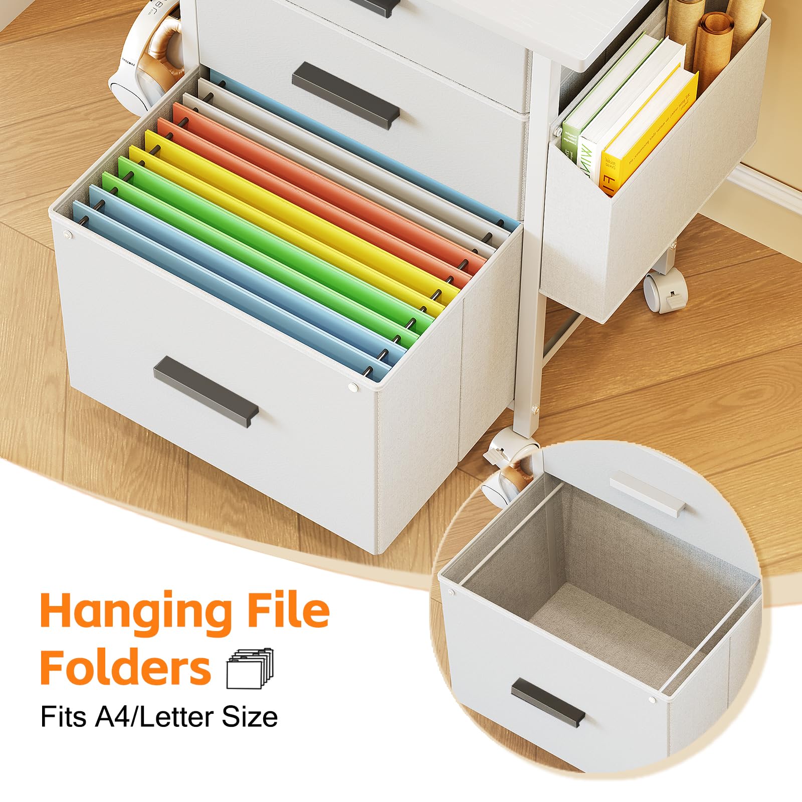 CAIYUN Cassettiera arrotolabile, con 3 cassetti e ruote, per documenti in formato A4, supporto per stampante con una larghezza del tavolo di 56 cm, design industriale, bianco