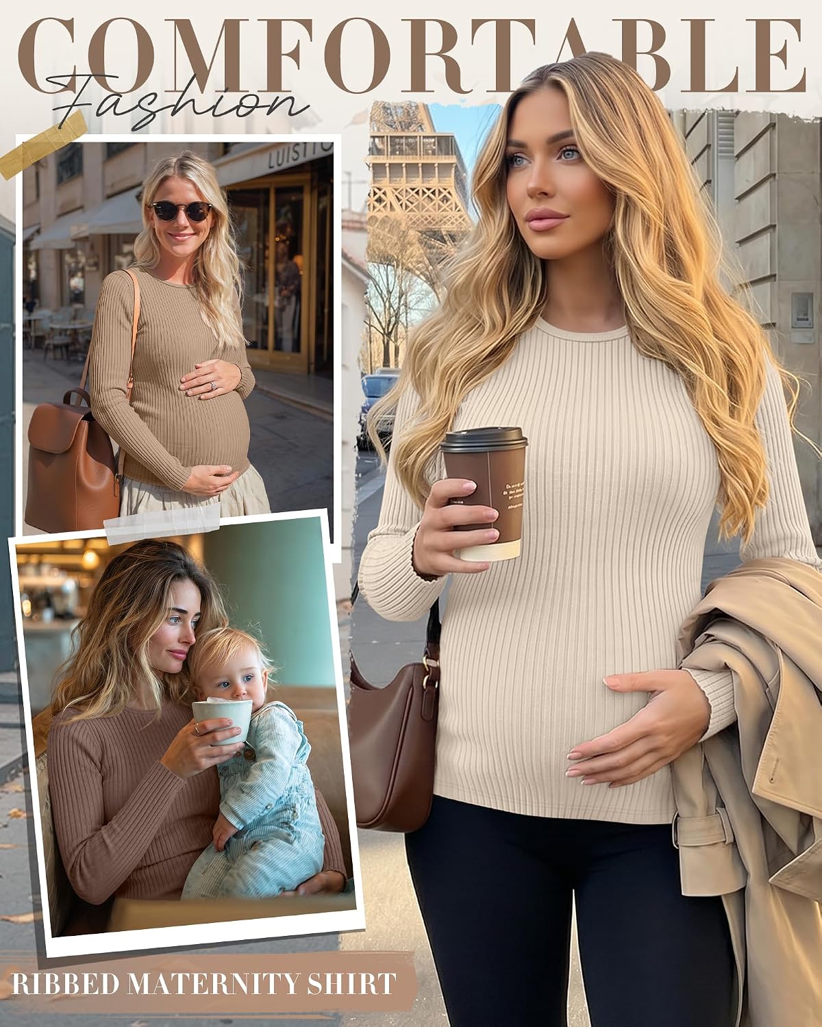 4 Pack Womens Maternity Shirts Ribbed Knit Long Sleeve Pregnancy Tops Casual Crew Neck Basic Tunic Shirts