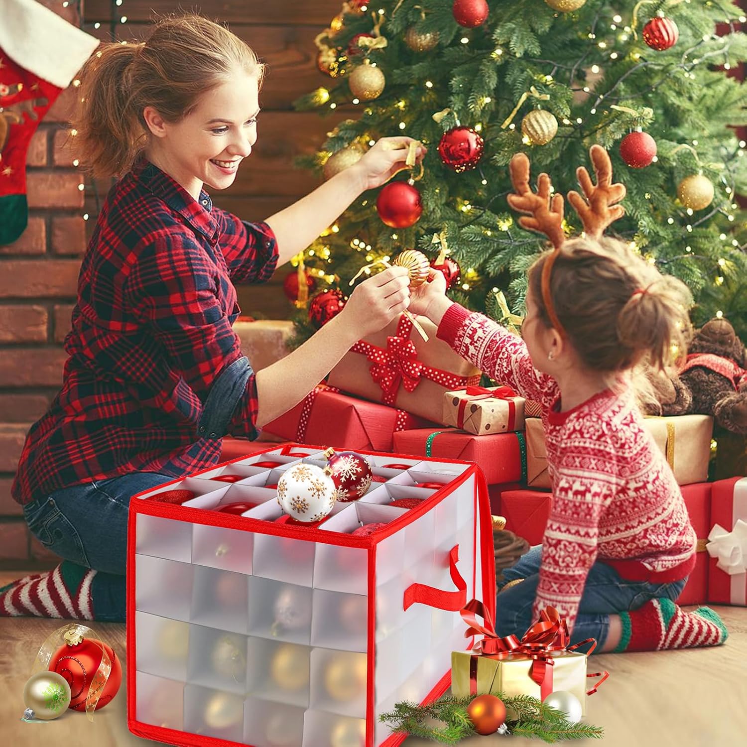 Christmas Ornament Storage Box, 64 Christmas Decoration Storage Box with Two Handles, Holiday Xmas Ornaments Box with Lid, Double-Sided Trays with Durable Zippers for Season
