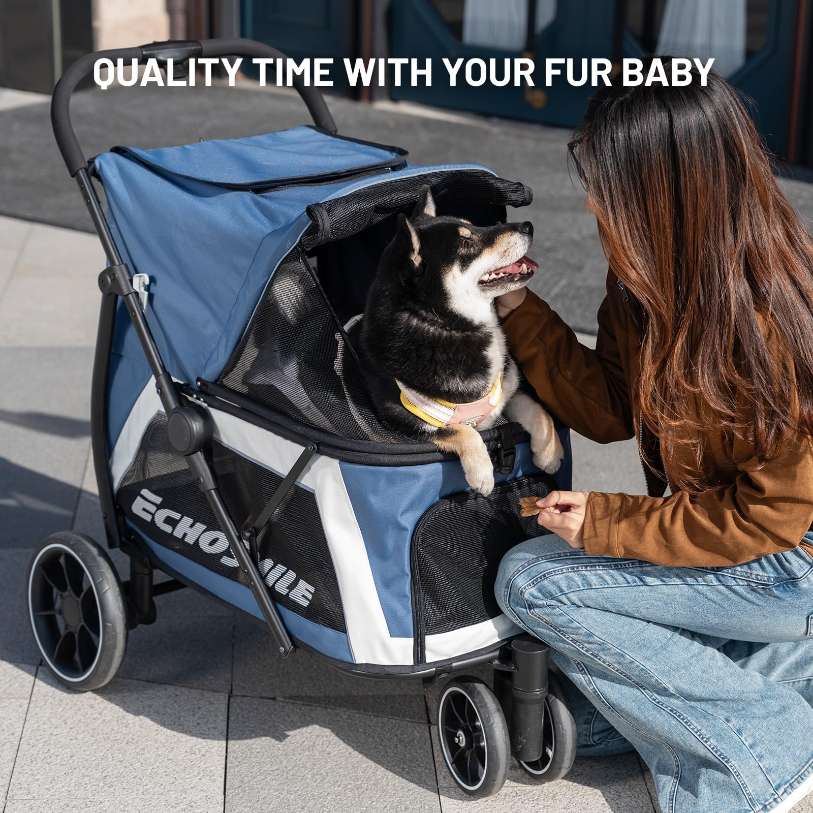 EchoSmile Hundewagen für Mittelgroße und Große Hunde bis 40kg, Faltbar Hundebuggy mit Netzfenstern, Verstellbarem Griff & 3 Geländegängige Räder, Blau + Weiß