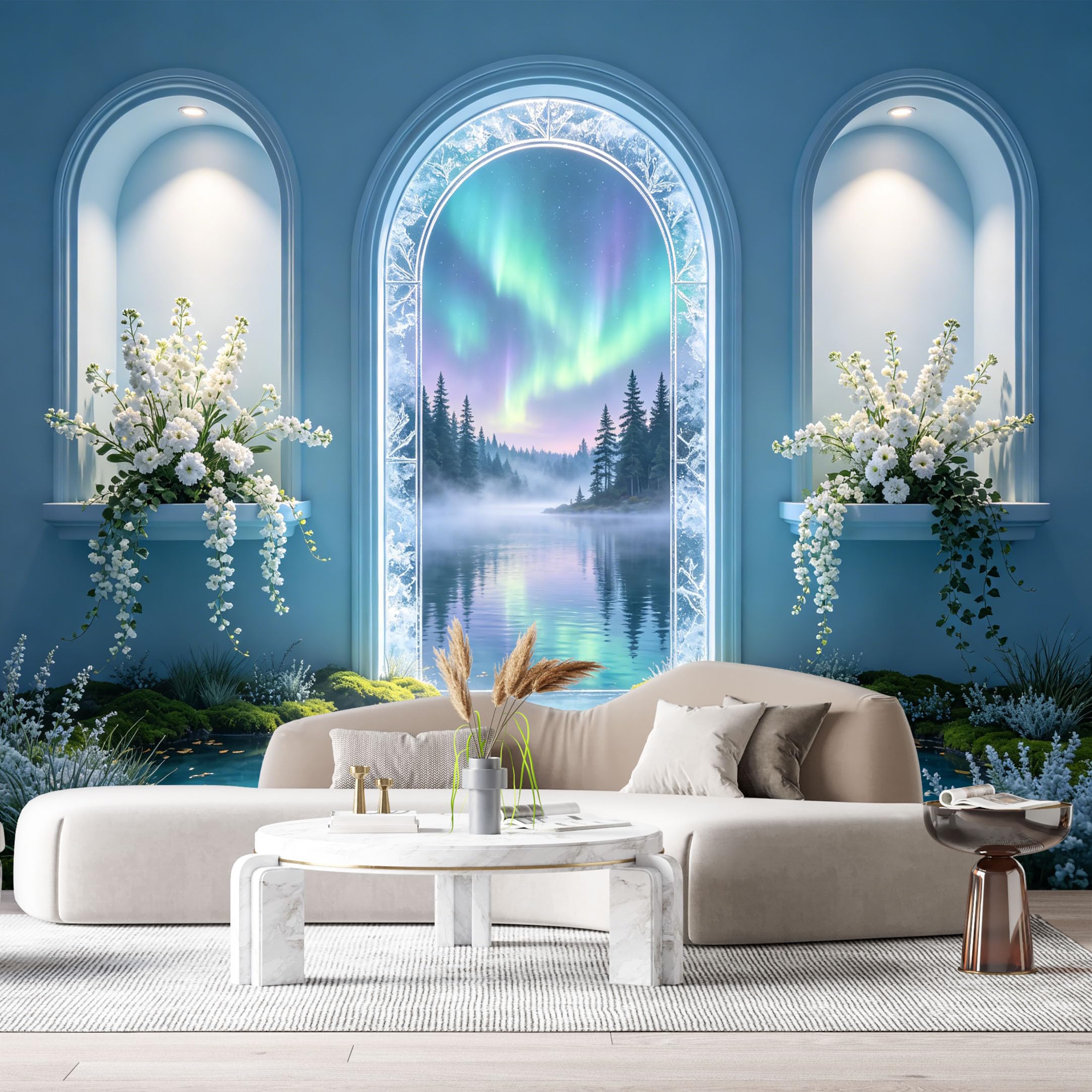 Custom Size Wall Murals Northern Lights Forest Lake 3D Trompe L'Oeil Arch Window White Flowers SelfAdhesive Wall Fabric Removable Large Wallpaper for Photo Living Room