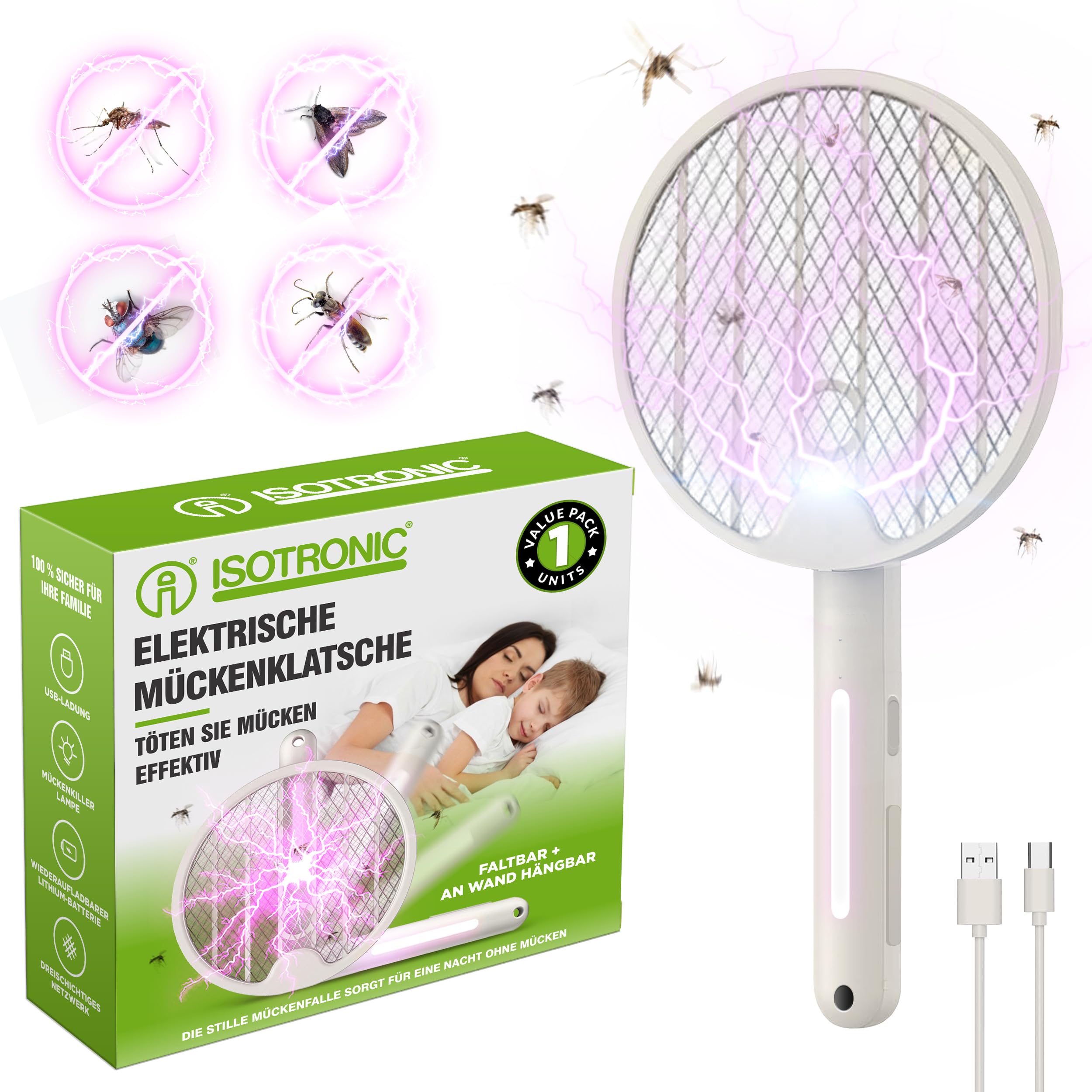 ISOTRONIC Elektrische Fliegenklatsche schützt vor Moskitos & Motten – Mückenklatsche mit UV-Lichtfalle – faltbar für Reisen & Wandmontage – Insektenvernichter für Innen & Außen (2 Stück)