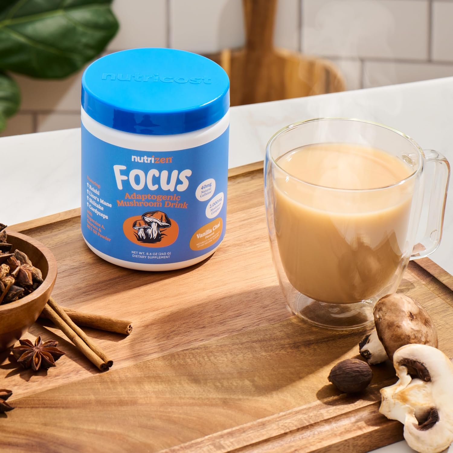 81m8H83s8xL._AC_SL1500_ Nutricost Nutrizen AM Focus Adaptogenic Mushroom Drink (Vanilla Chai Flavored) 30 Servings - Includes Reishi, Lion's Mane, Shiitake, Cordyceps