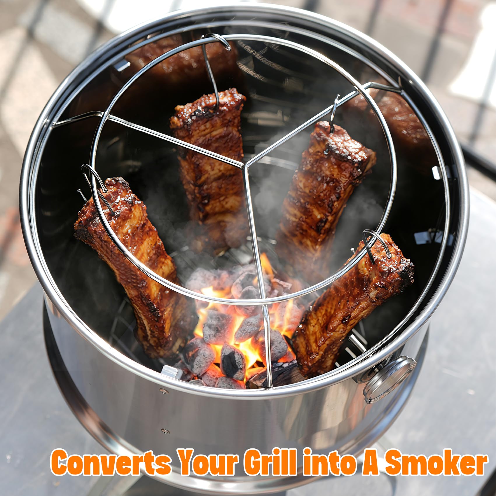 Onlyfire Edelstahl Räucherkammer für Weber Smokey Joe 37cm Holzkohlegrill mit Ring und Speckaufhänger Set