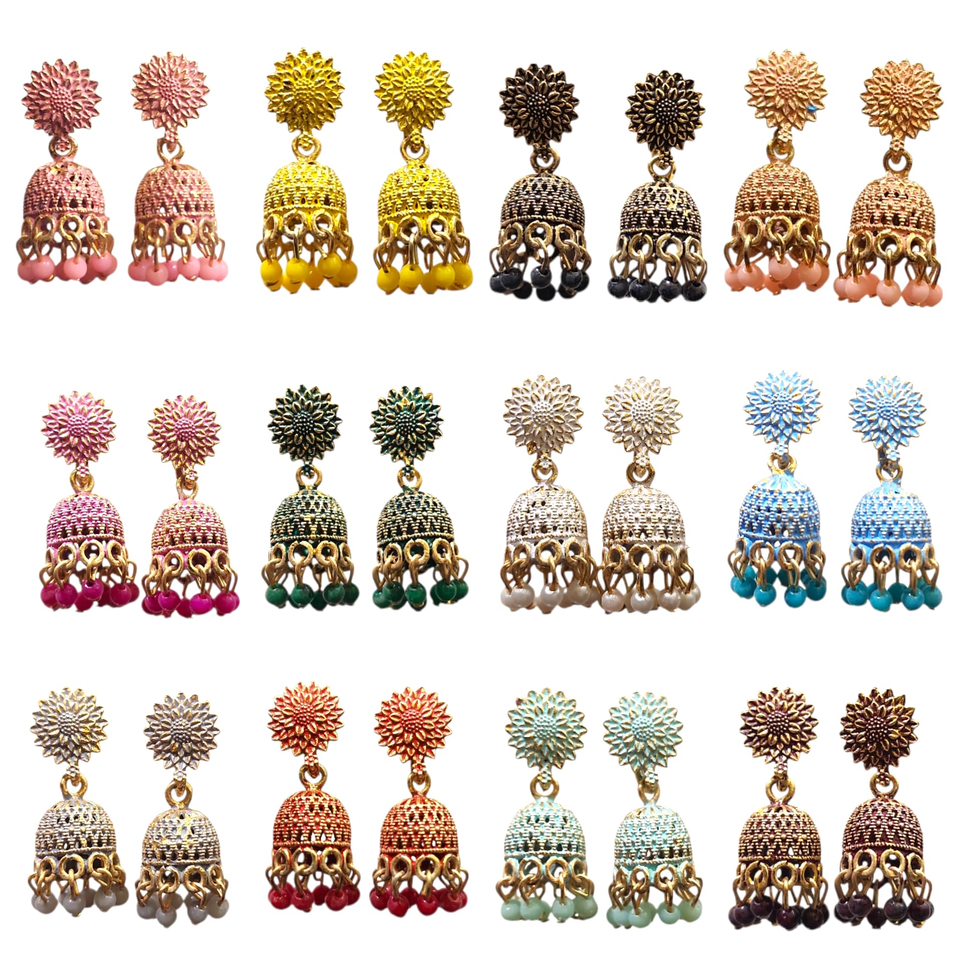Womens Traditional Jhumka Earrings Set, Floral Design, Multi-Colour Beaded Drop, 12 Pairs-picture-49