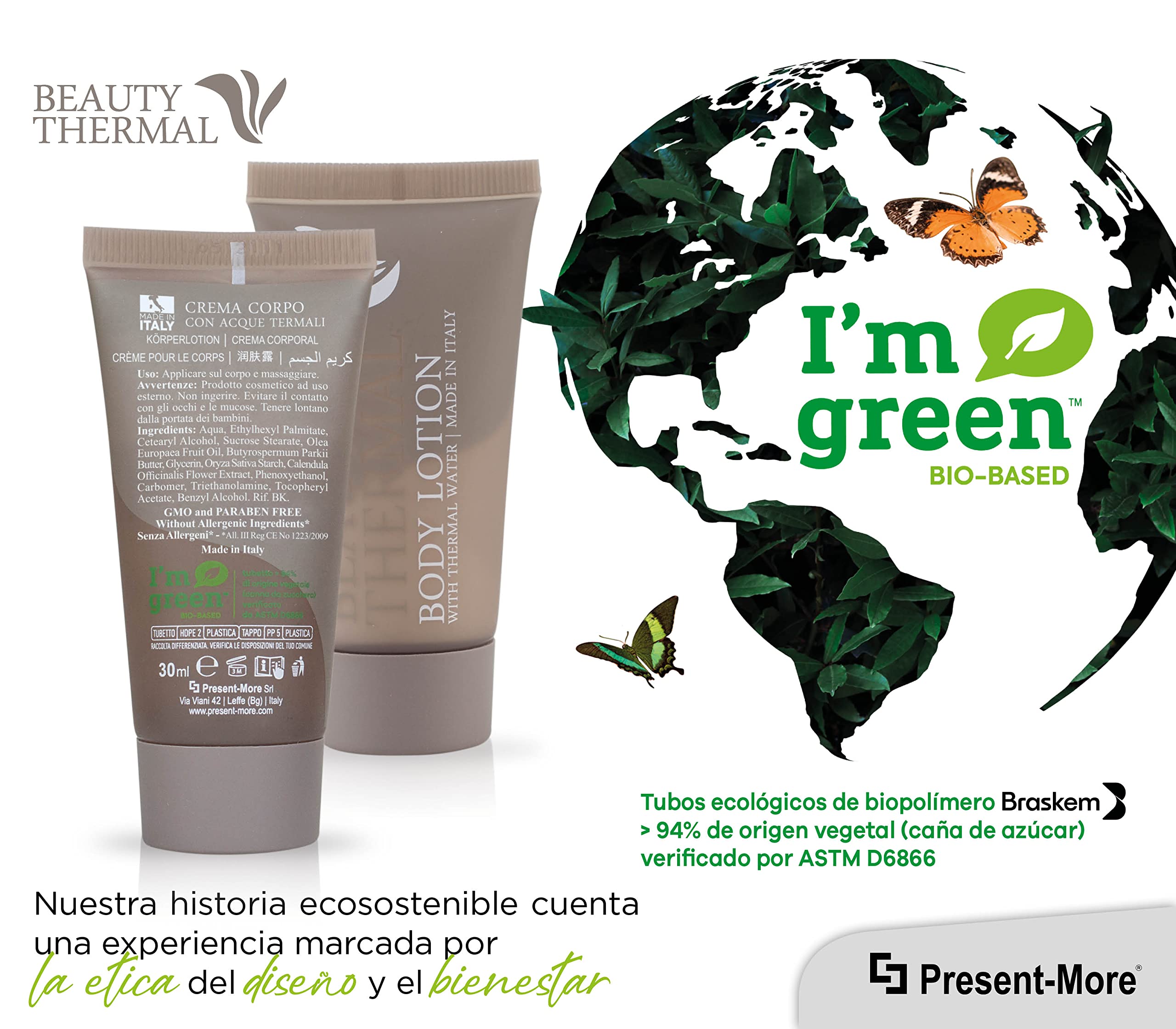Present-More Crema corporal 30ml Beauty Thermal - Crema cuerpo 250 unidades para Hoteles y B&B | Crema cuerpo sin alérgenos con fragancia Arancia y Canela