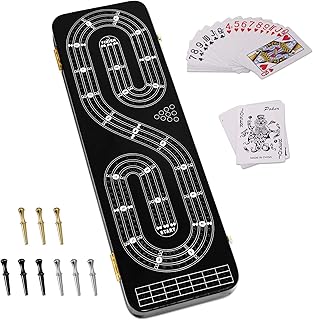 Cribbage Board 3 Tracks, Plusvivo Premium Solid Oak Crib Board with 9 Cribbage Pegs Metal, 2 Decks of Playing Cards & 2 Storage Area, 15.5" X 4.9" X 1.2" for Travel Cribbage Board Game