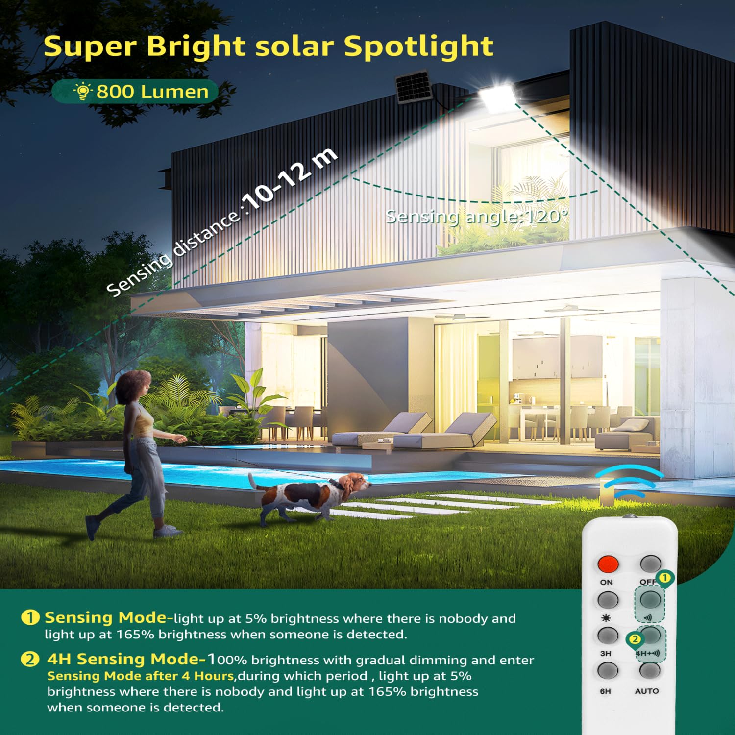 Aigostar - Foco solar exterior con sensor de movimiento,4000mAH,Batería gran capacidad,6500K.Foco LED solar mando a distancia Uso interior/exterior IP65: jardín,patio,camino o garaje