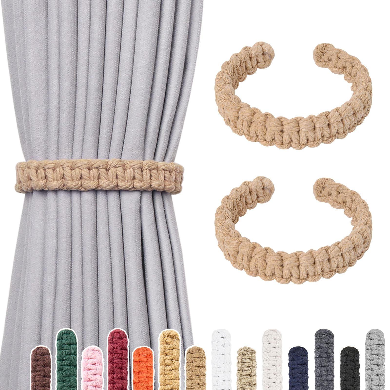 Pretty Jolly 2 Pack Natural Cotton Rope Curtain Tiebacks Farmhouse Rustic Style Decorative Drape Tie Backs Handmade Braided Curtain Holdbacks for Home Sheer/Light Weight Drapery (C-Dark Beige-L)