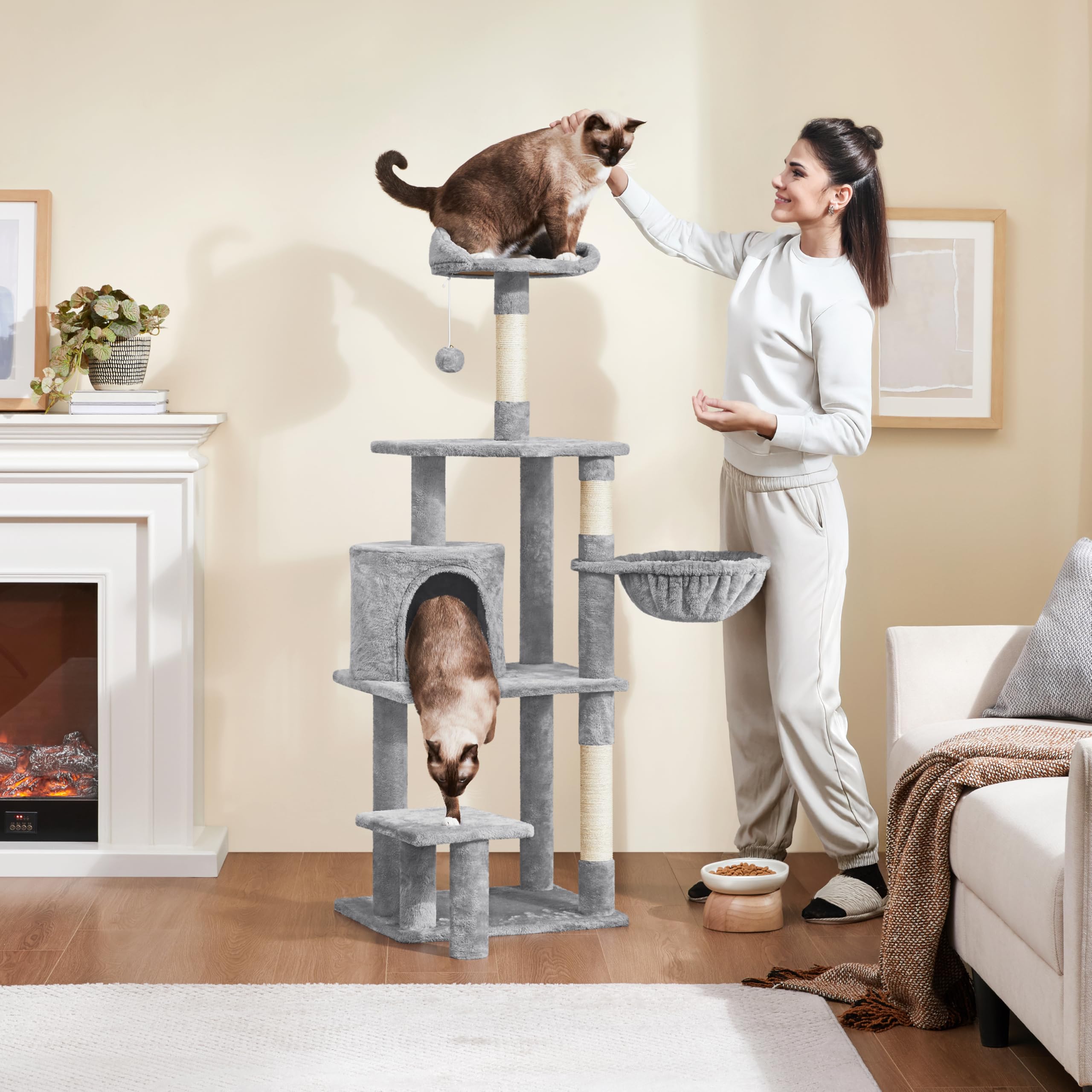 Yaheetech Albero Tiragraffi in Sisal Naturale e Truciolato 48,5 cm × 40,5 cm × 145 cm Torre per Gatti con Posatoio Gioco Condominio Grigio Chiaro