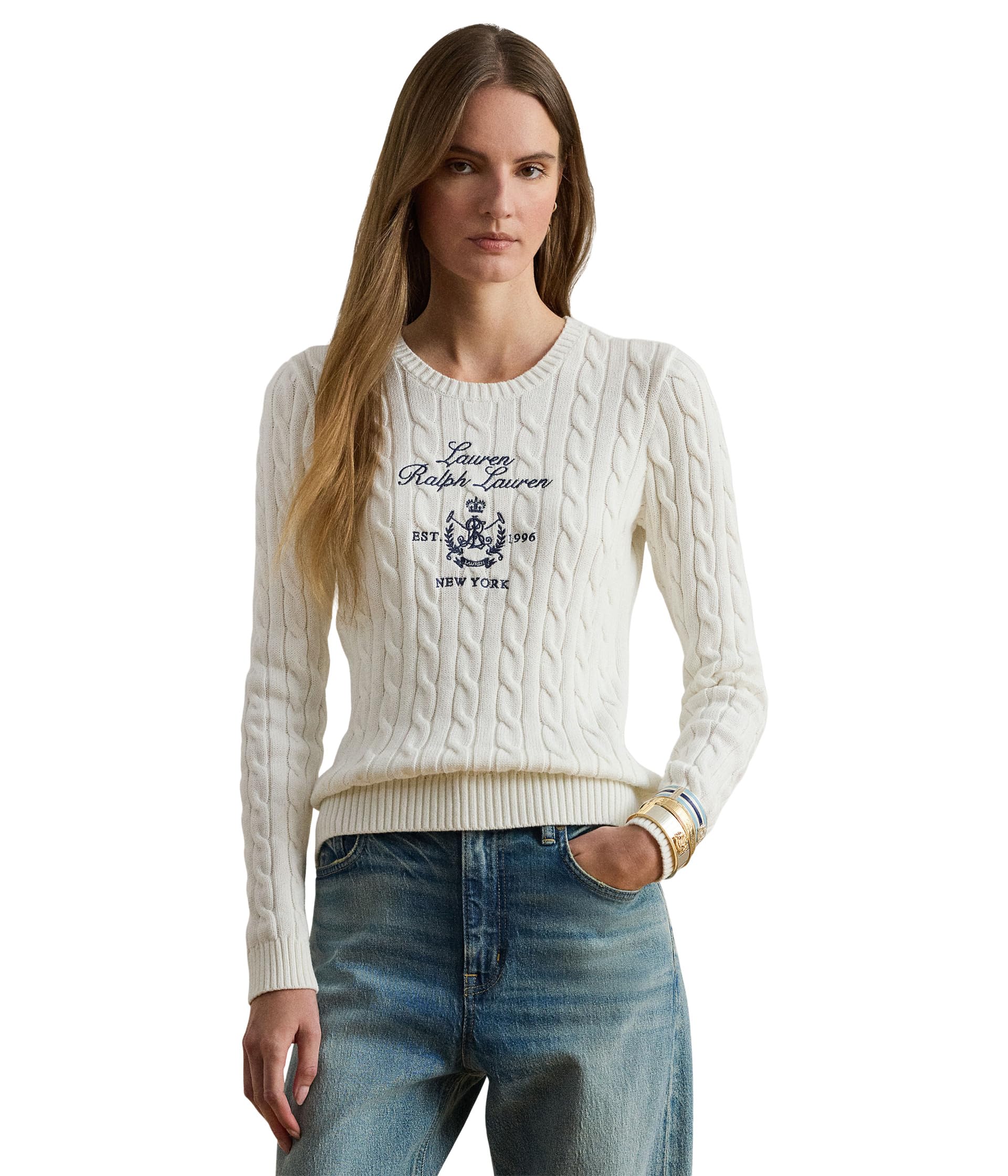 Lauren Ralph Lauren Womens Embroidered-Crest Cable-Knit Sweater