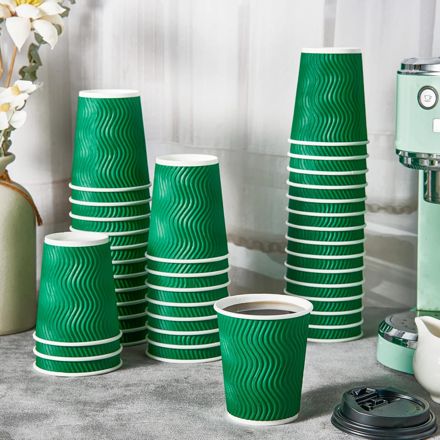 100 Count 8 oz Coffee Cups with Lids, Insulated Ripple Wall Paper Hot Coffee Cups for Hot Drinks - Image 6