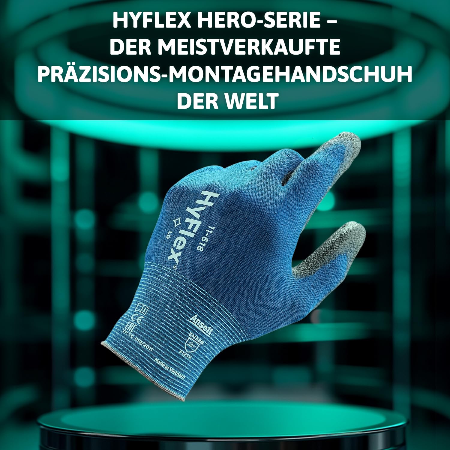 Ansell HyFlex 11-618 Mechaniker- Nylon Handschuhe, Abriebfeste Schutzhandschuhe mit PU-Beschichtung, Sicherheitshandschuhe für Präzisionsarbeiten, Touchscreen-Arbeitshandschuhe, 12 Paar, Gr. L