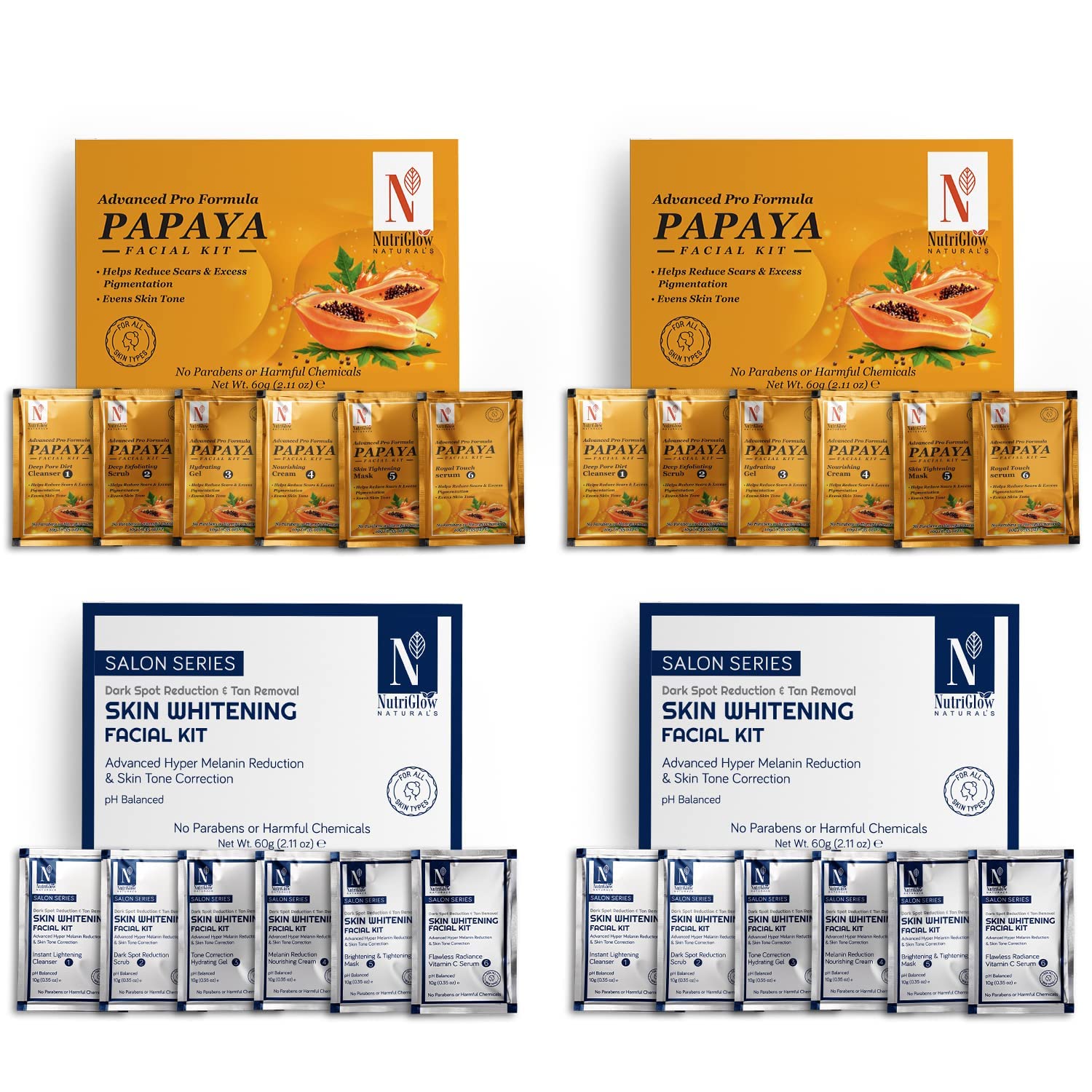 NutriGlow NATURAL'S Advanced Pro Formula Combo Pack of 4 Papaya Facial Kit & Skin Whitening Facial Kit 60 gm each For Skin Tone Correction Reduce Wrinkles Blemishes & Hyper Melanin Reduction