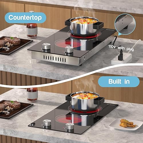 Miniatura 2 de Placa de cocina eléctrica de 2 quemadores, enchufe de estufa eléctrica de 110 V, controles de perilla eléctrica de 2000 W, encimera de 12 pulgadas y