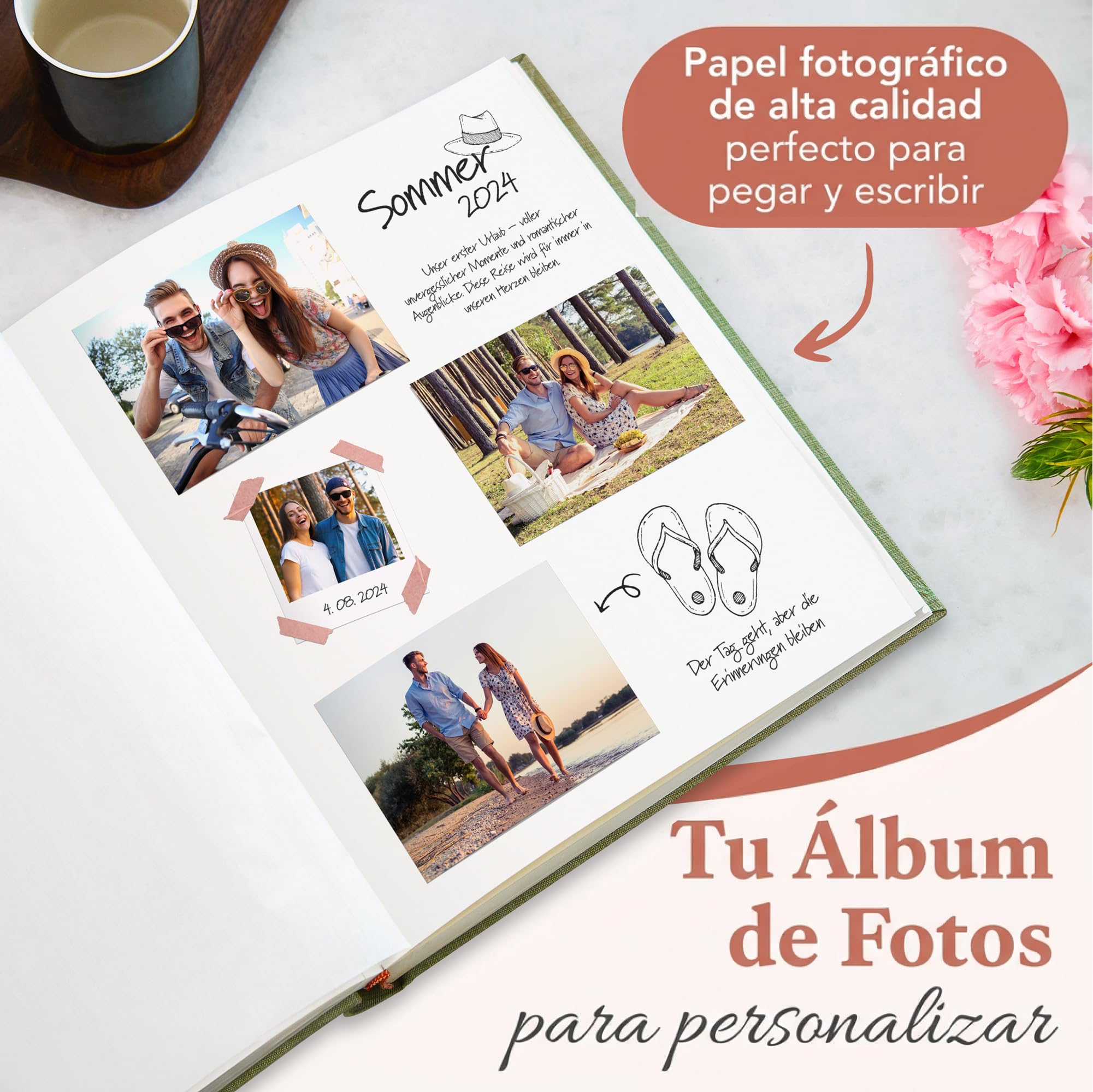 ZEITLOOS® Álbum de fotos para pegar y escribir - lino - 600 fotos Verde | Precioso diseño con hojas protectoras - álbum de fotos 10x15 para rellenar 31x32cm - 100 páginas - boda y regalo