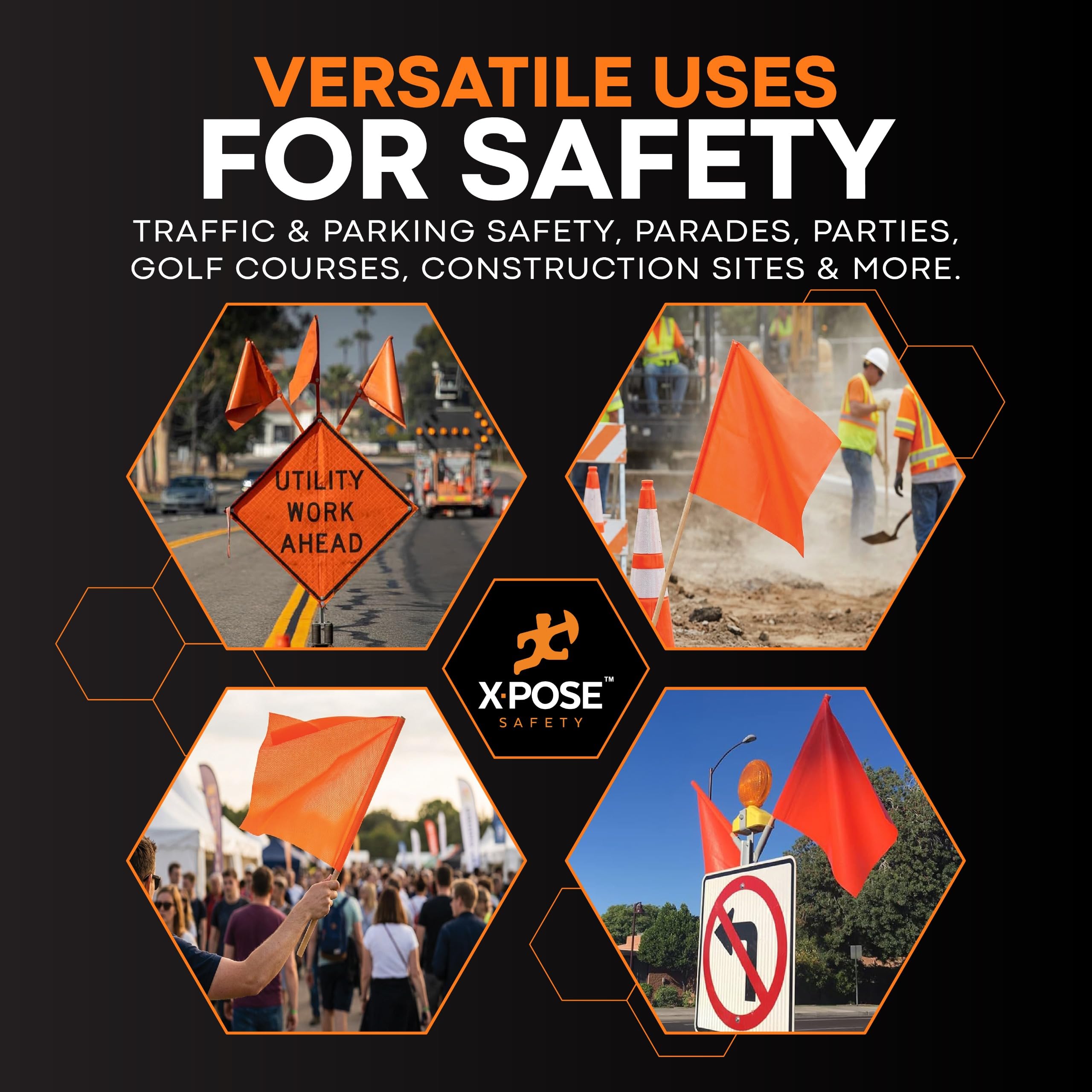 Xpose Safety Orange Vinyl Safety Flags 18" x 18" with 24" Wooden Staff, 2 Pack – High Visibility Warning Flags for Road Work, Traffic Control, Parking Lots & Emergency Response — Amazon image 2