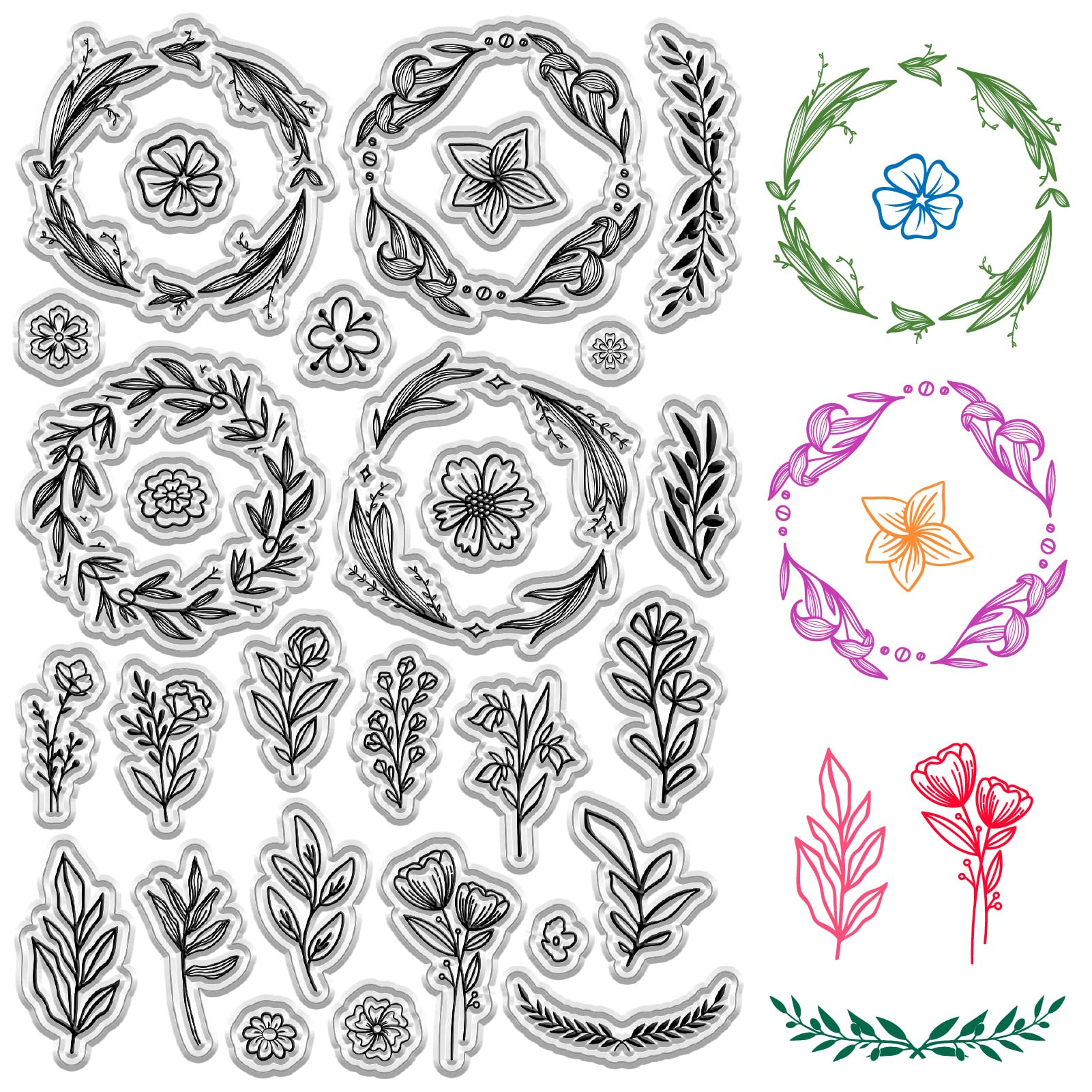CRASPIRE Wreath Clear Stamps Leaf Flower Transparent Retro Rubber Stamps Reusable Silicone Stamp Seals for Journaling Card Making Decor DIY Scrapbooking Supplies Crafting Film Frame