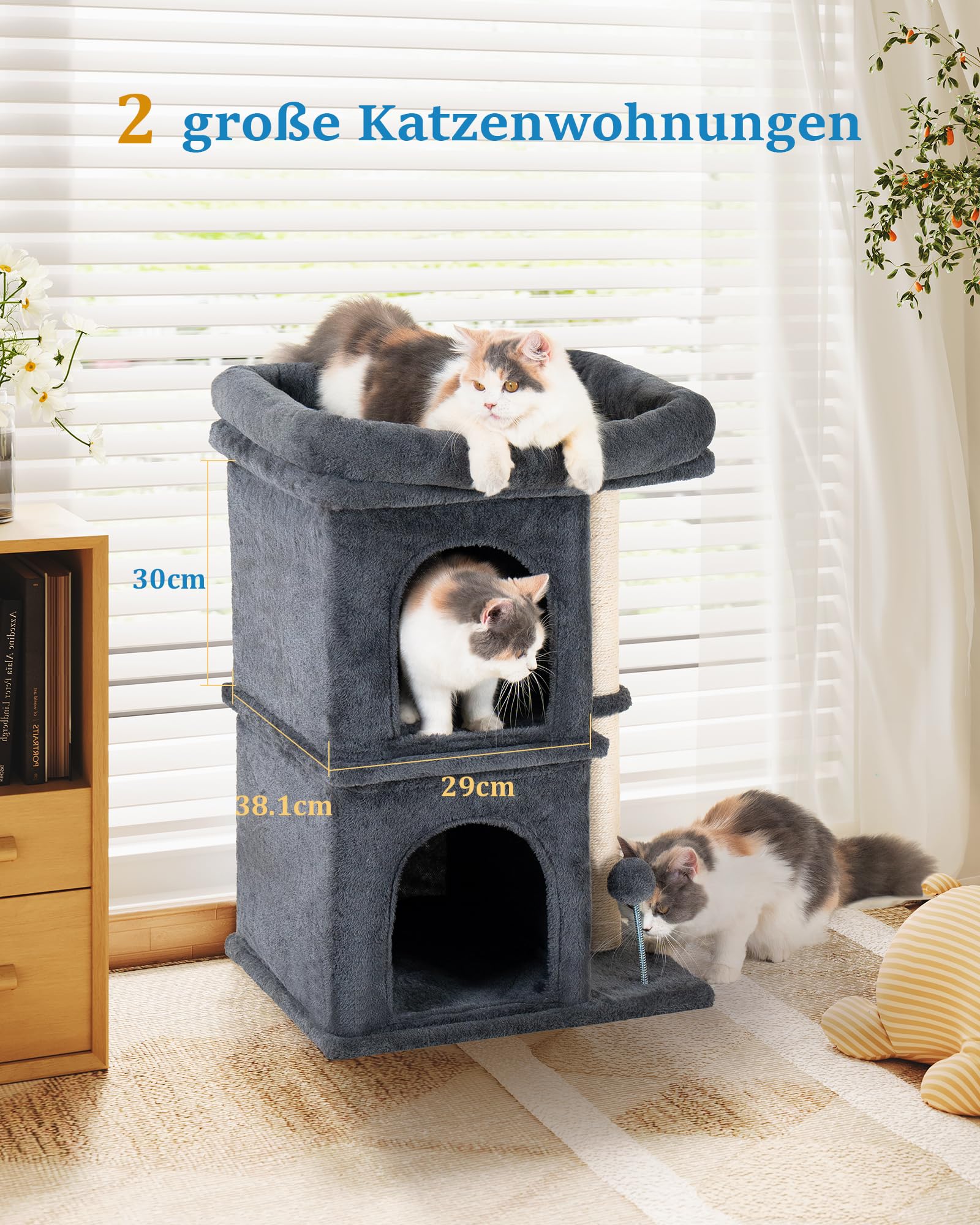 Aechonow 61cm Kratzbaum für Große Katzen Stabil, 2 Katzenhöhle fur Indoor Klein Katzen, Katzenbaum mit Große Liegefläche(48 x 40cm), 61cm Hohe Katzentonne Klein, Dunkel Grau