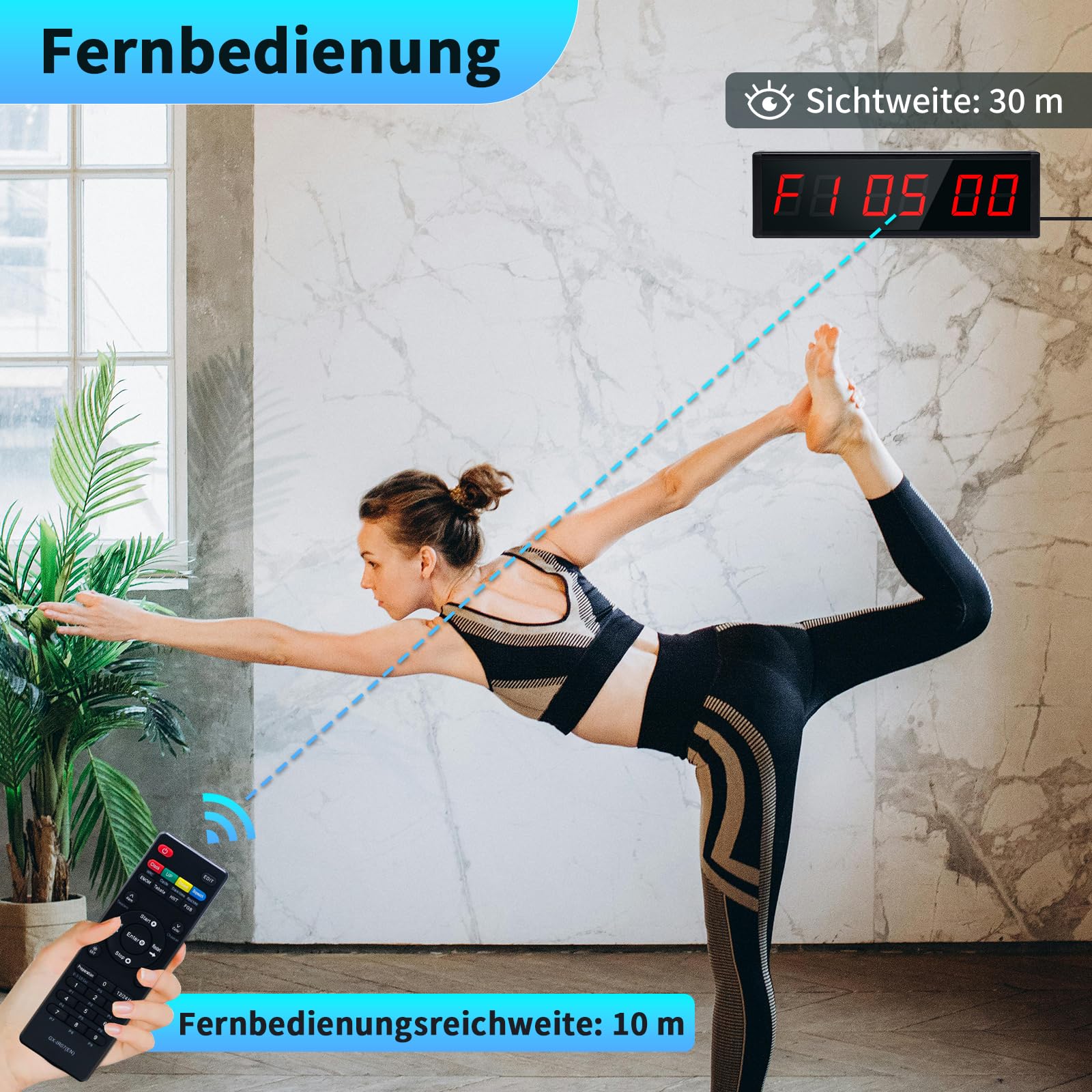Gym Timer mit Kabellosem Start-/Stopp-Taste, 6 Stelliges Stoppuhr Digital mit Fernbedienung, Countdown Timer, 12/24H LED Digital Uhr für Workout, Fiteness, Sport, HIIT/Tabata/FGB(1 Taste)