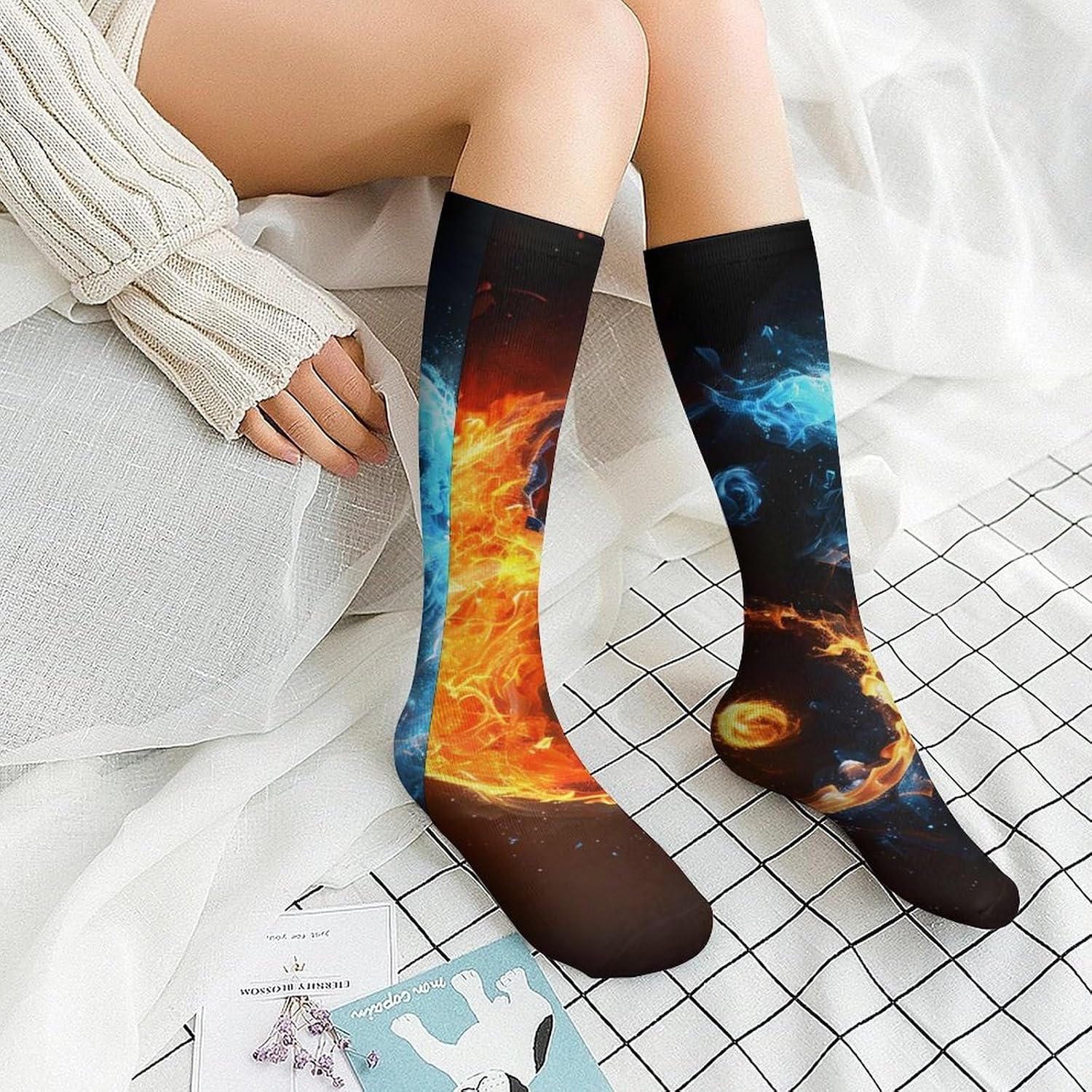 Fire And Water Ying-and-Yang Knee High Socks Casual Long Stockings Over Calf Sock Tube for Women Men