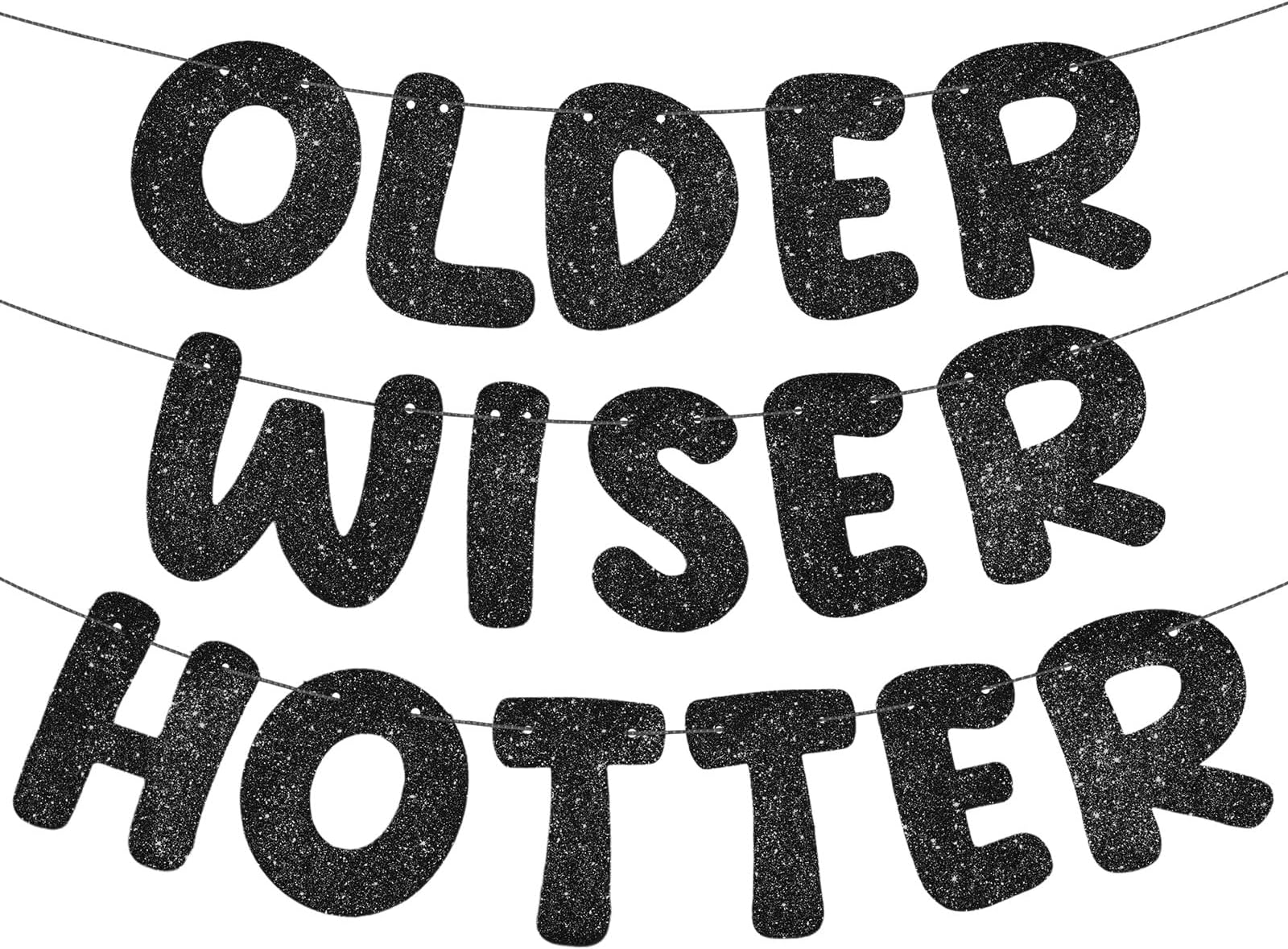 Fulmoon Set of 3 Pre Strung Older Wiser Hotter Glitter Banner Funny Birthday Banner for Women 30th 40th 50th 60th 70th 80th Birthday Party Decorations Sign Gift(Black)