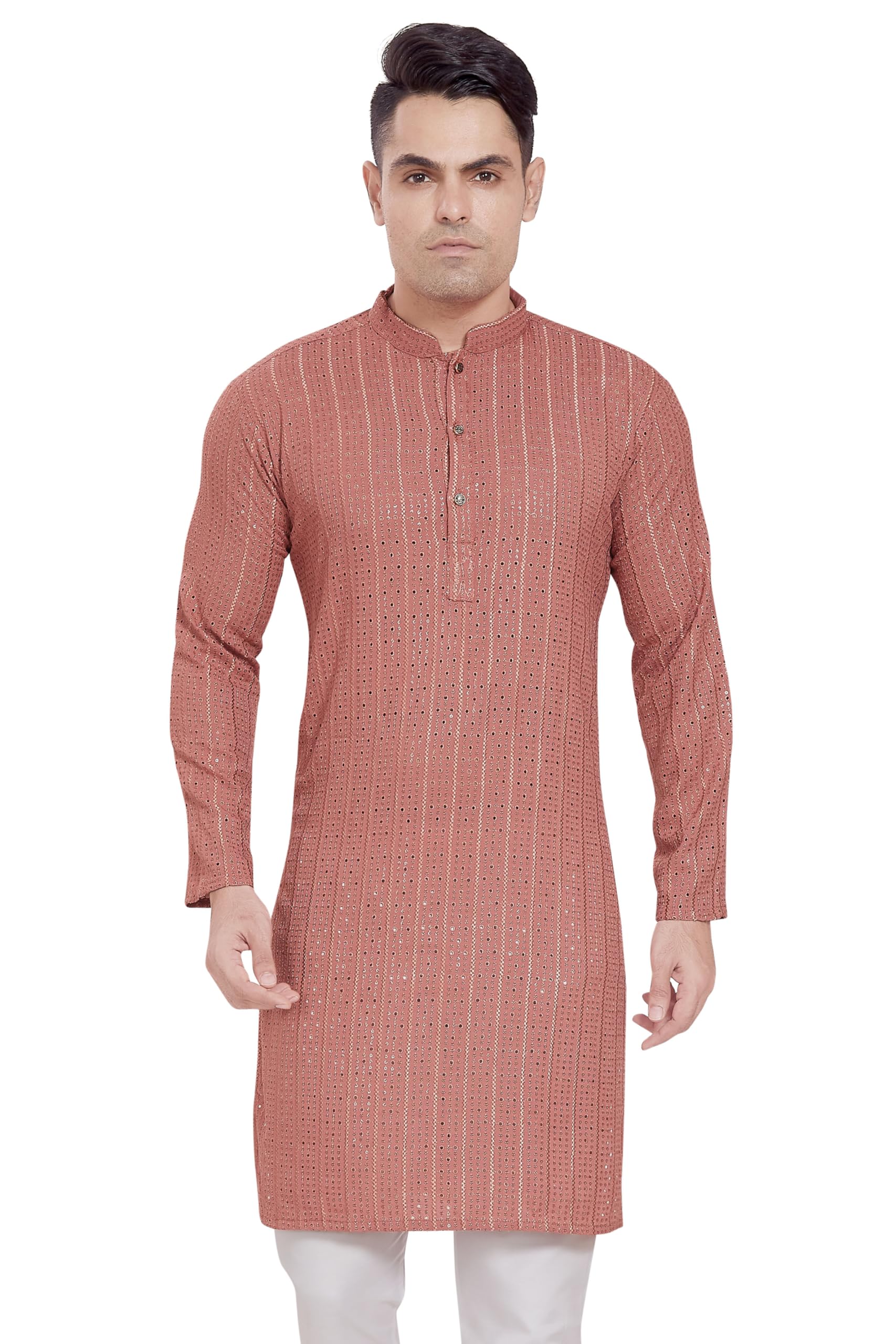 Divisive Men's Embroidered Cotton Blend Only Slim Fit Kurta (Dkrt380_Xl_Peach)