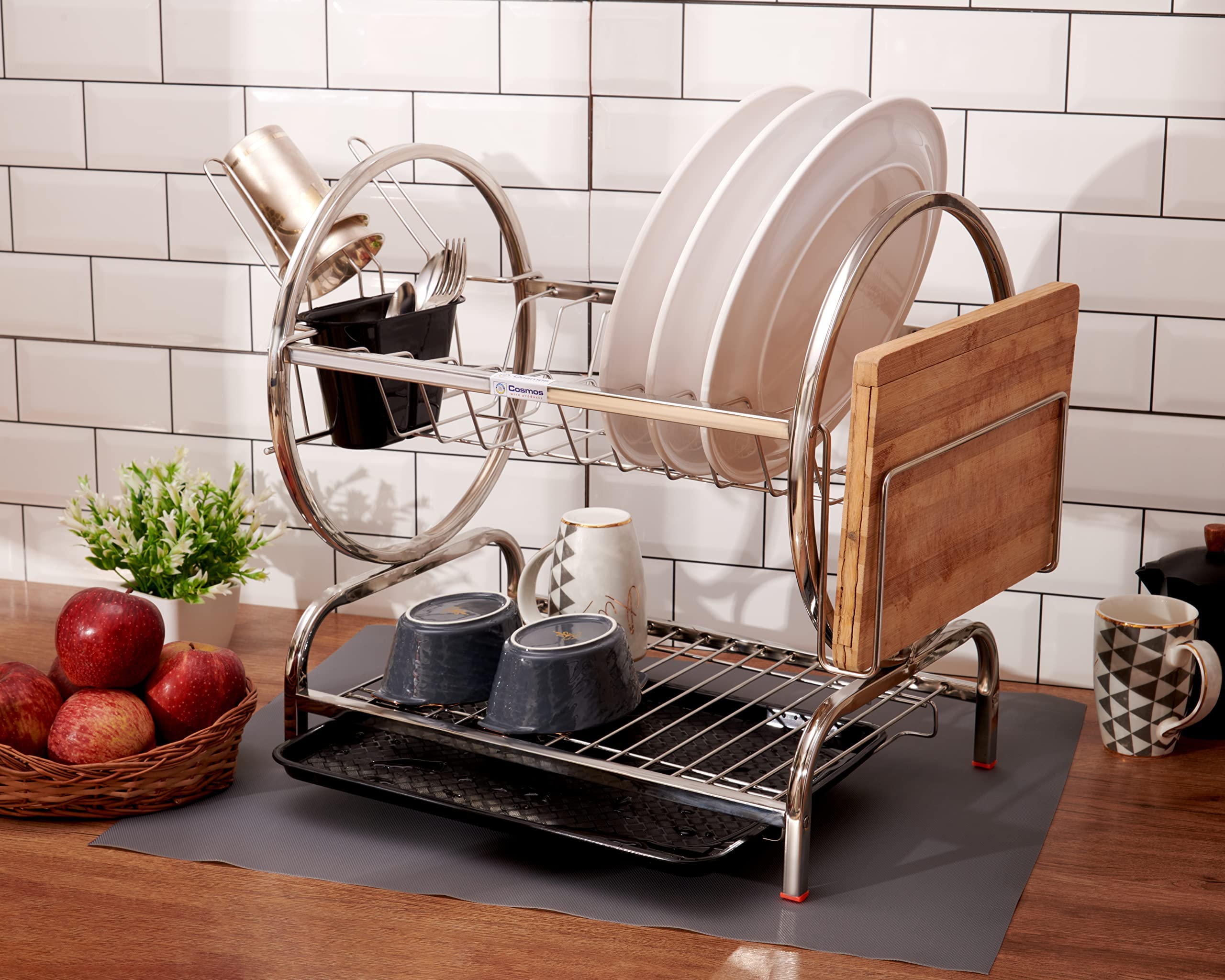 Cosmos Stainless Steel 2 Tier Omega Dish Drainer Rack With Tray & Mat, Steel Basket For Kitchen, Dish Drying Rack, Size, (LxWxH) (24x12x18 In) (61x31x46 Cm)
