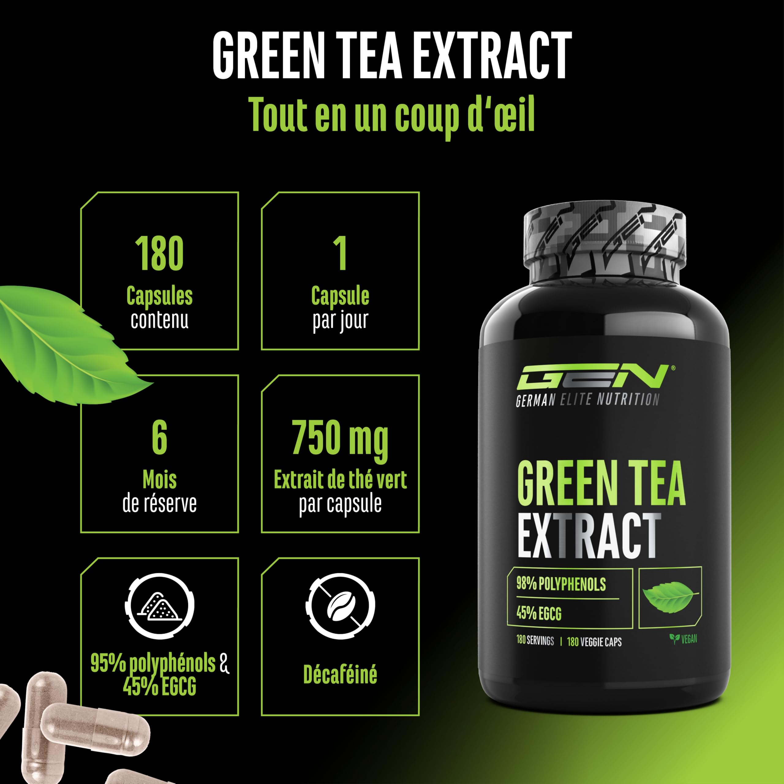 Green Tea Extract - 180 gélules - Extrait de thé vert très forte dose avec 750mg d'extrait de thé vert par gélule - 95% polyphénols & 45% EGCG - Thé vert sans additifs indésirables - Vegan