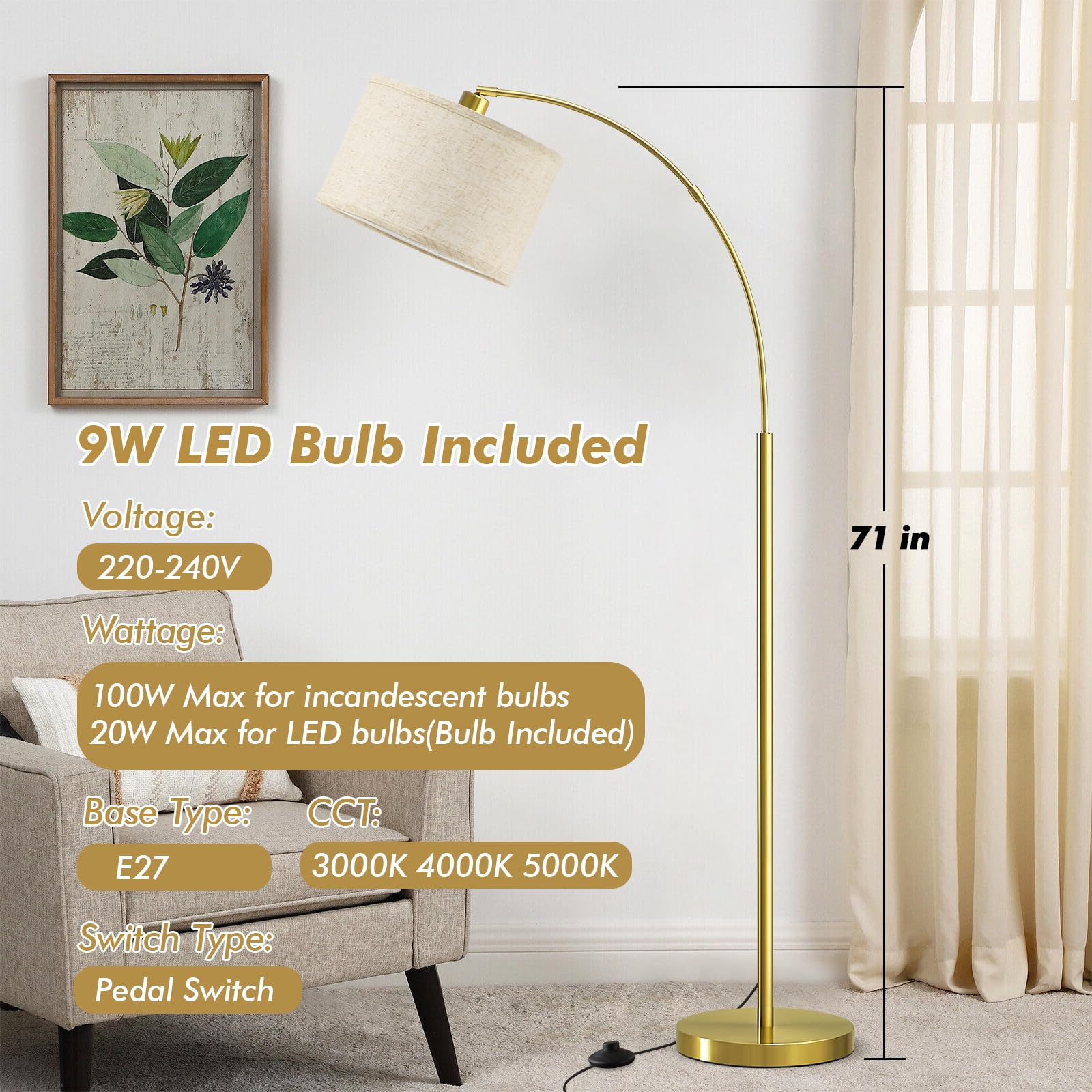 GyroVu Lampa podłogowa Arc do salonu, lampa wolnostojąca z regulowaną głowicą, 3 temperatury barwowe, wysoka lampa z przełącznikiem nożnym, łukowata lampa narożna do sypialni lub biura