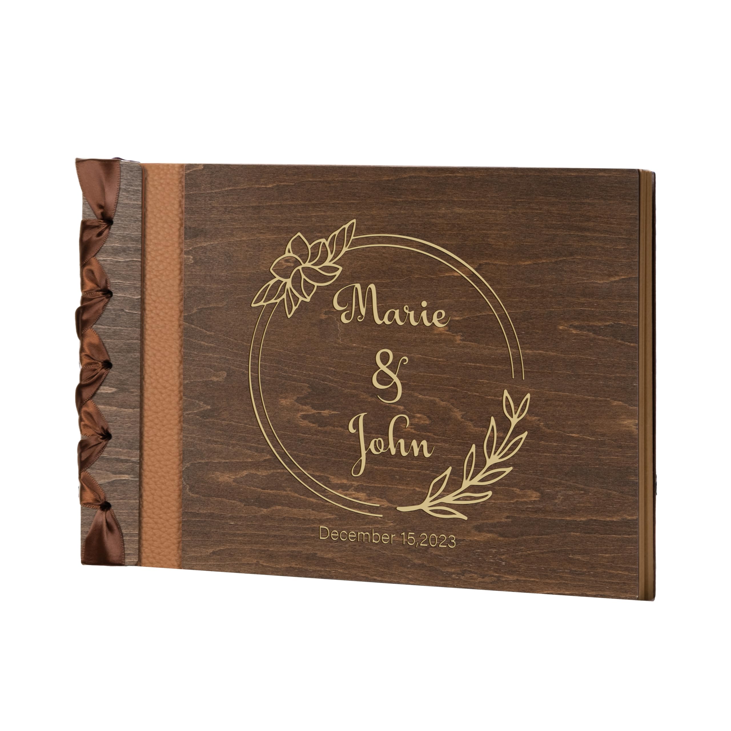 SINUOLIN Personalized Wedding Guest Book Customized Wooden Guestbook Registry Sign-in with Name - Date, Hard Cover Laser Engraved Guest Book 60&100 Pages Paper Standard Wood Cover