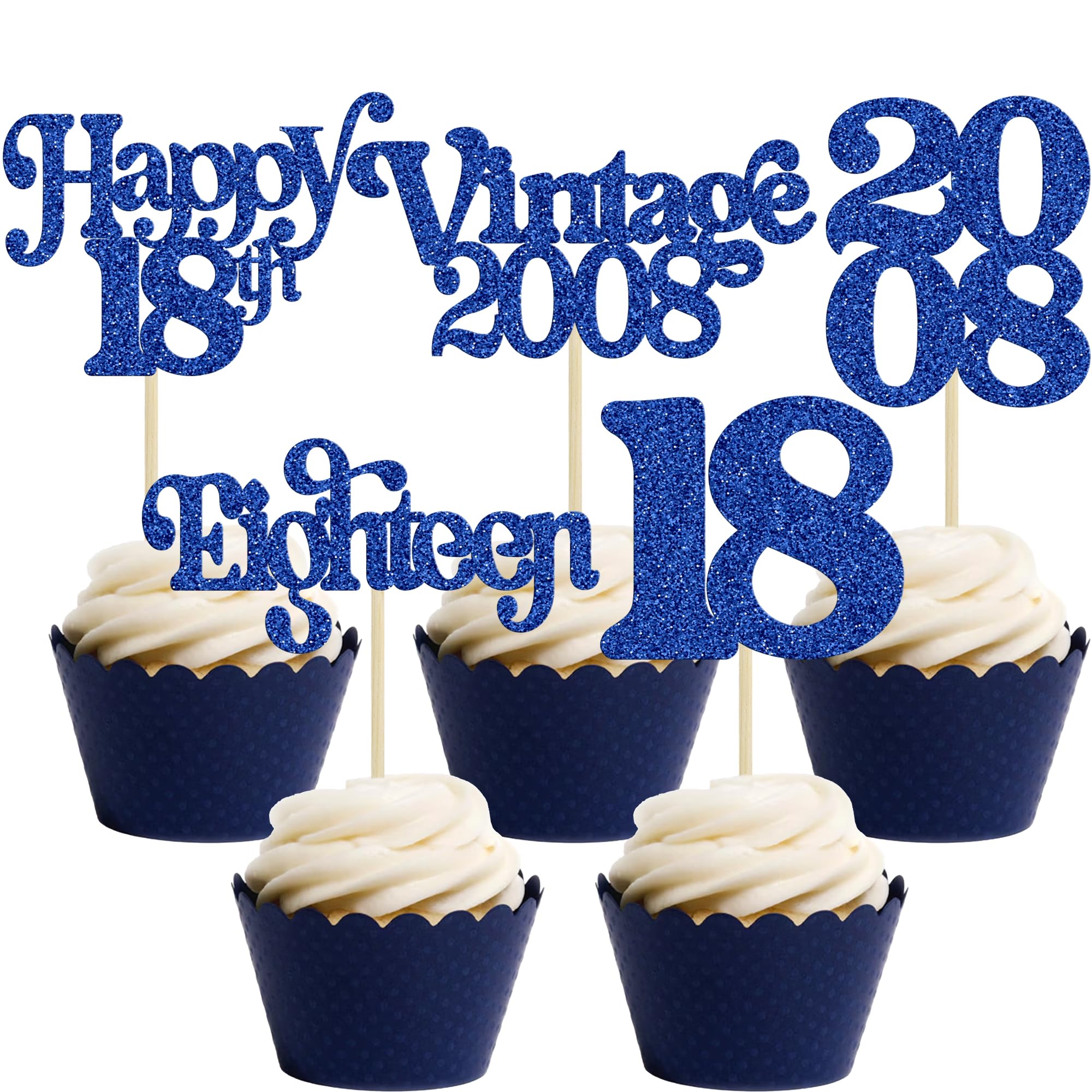 Gyufise 30Pcs 18th Birthday Cupcake Toppers Glitter Eighteen Vintage 2008 Adultish 18 Cupcake Picks Hello 18 Years Birthday Cake Decorations for Happy 18th Anniversary Party Supplies Blue โ image 1