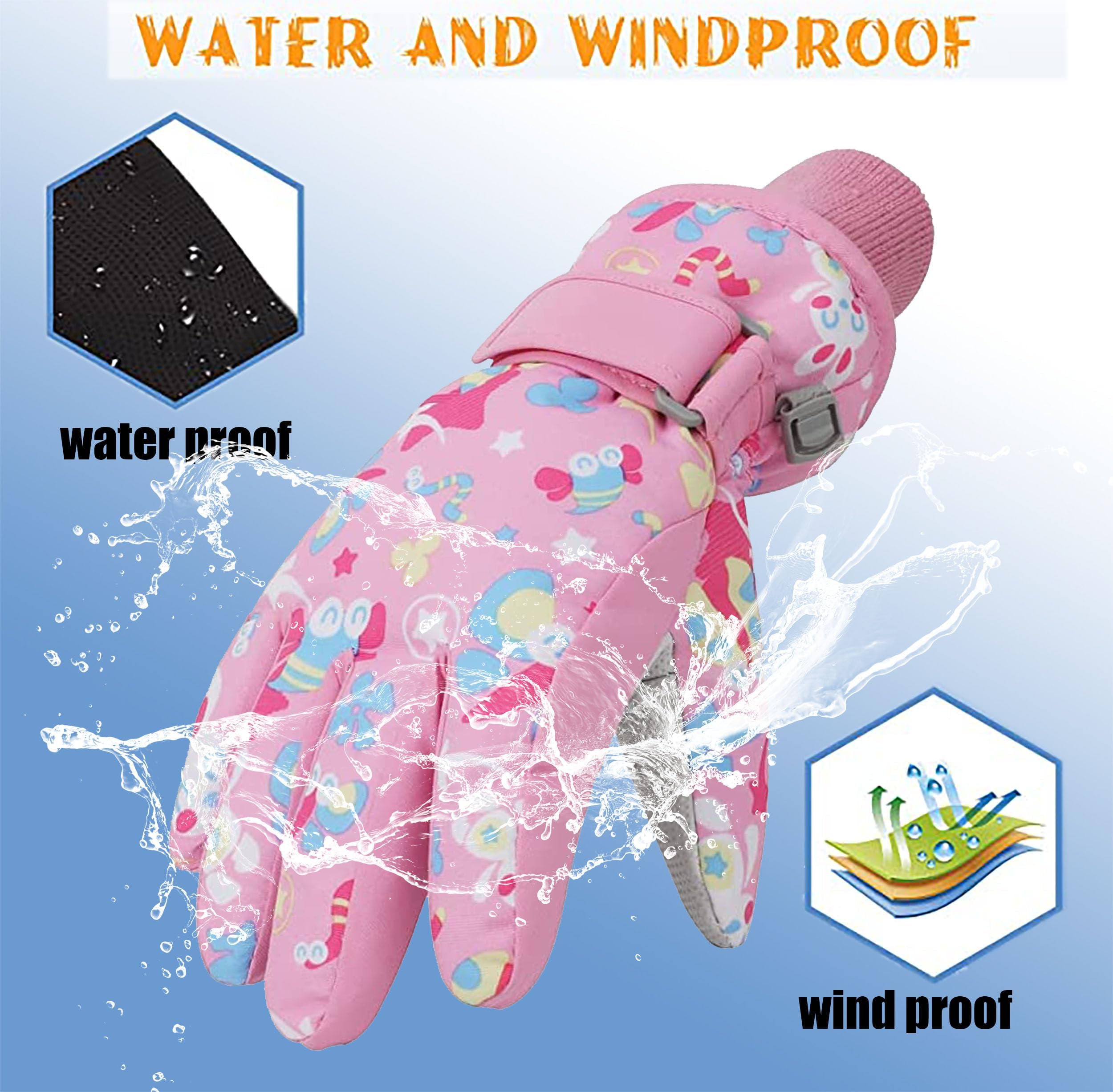 Gants de Ski Enfants moufle Chaud Hiver pour Garçon Fille Coupe-Vent Respirant PU Les Palmiers Neige Ski Snowboard Vélo Équitation Sport 2-13 Ans S