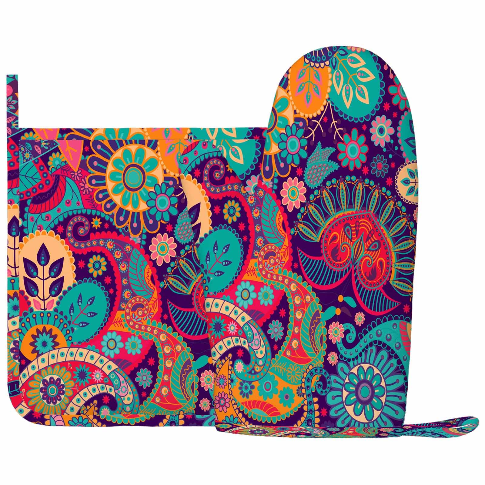 Juego de manoplas de horno de silicona con flores coloridas y soportes para ollas, exóticos, rizados, étnicos, fantásticos, florales, coloridos, artísticos, para cocina, hornear, asar a la 2
