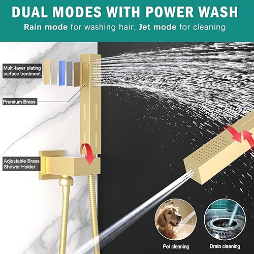 Miniatura 61 de Enga Sistema de ducha de lluvia de oro cepillado con chorros corporales, sistema de chorros de ducha de lluvia de 12 pulgadas, juego de grifo de Oro