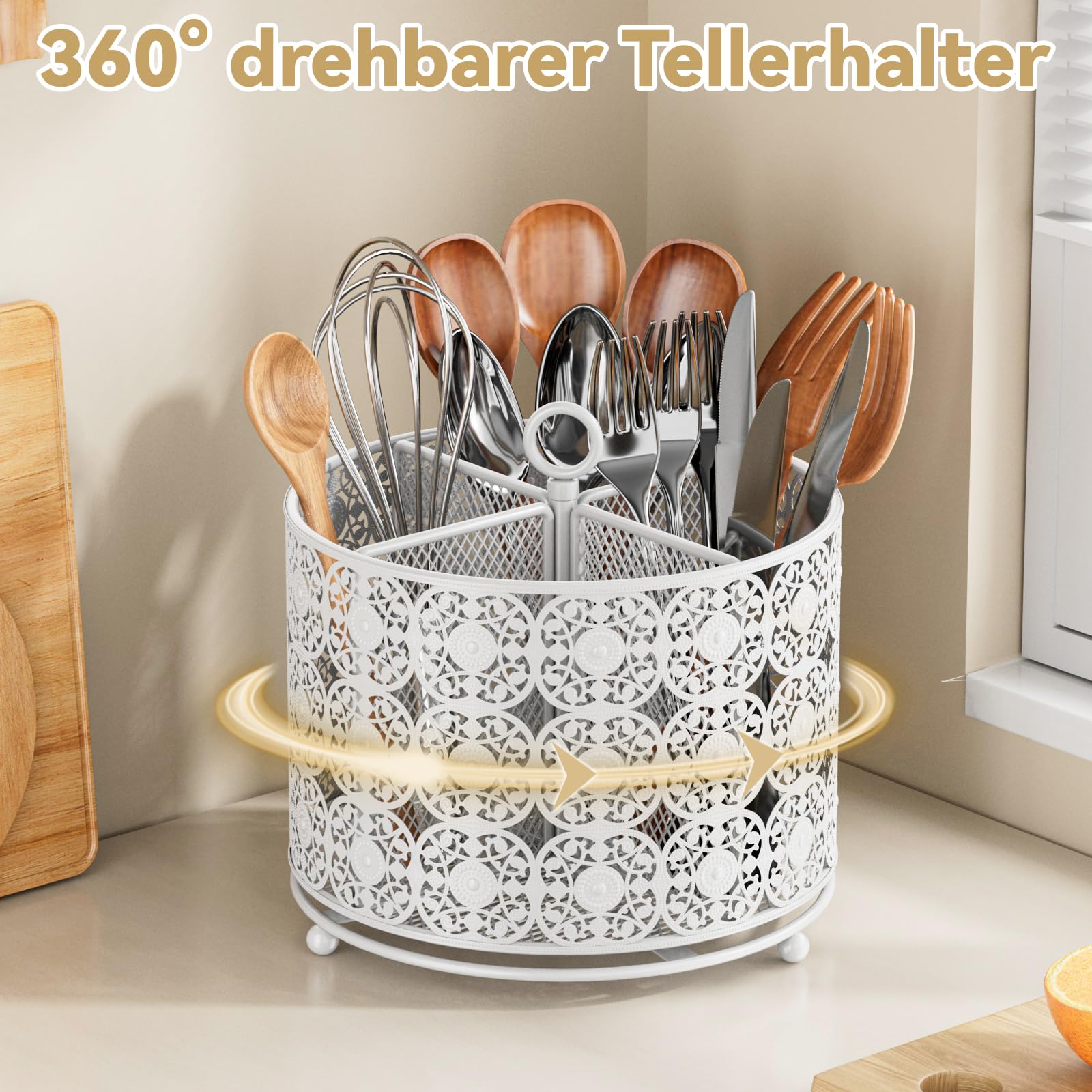 JANE EYRE Portautensili da cucina con 4 scomparti, girevole a 360°, con bordo floreale, contenitore in acciaio inox, organizer per utensili da cucina e piano di lavoro (bianco)
