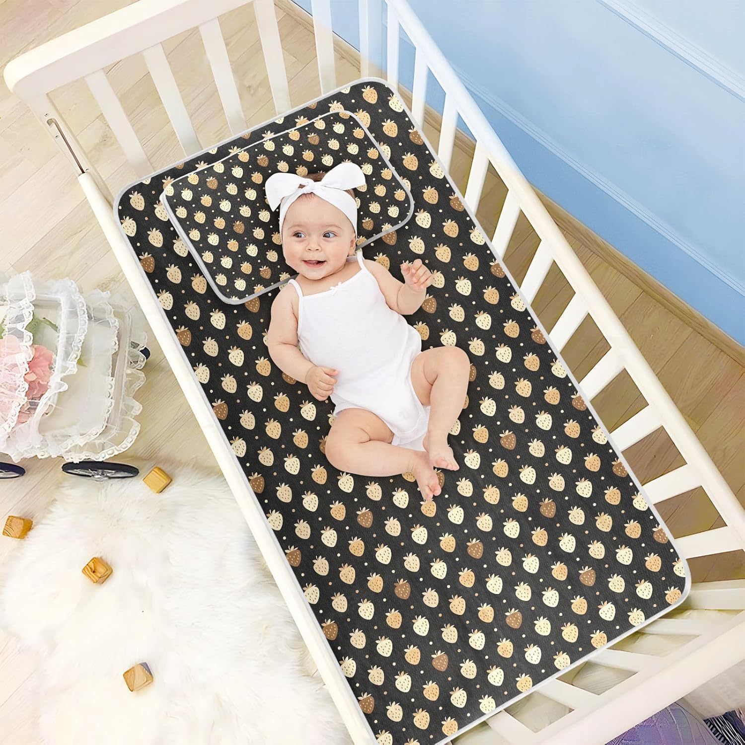 Baby Cooling Mat Strawberry Pattern Black Ice Silk Breathable Mesh Summer Crib Mattress Pad with Pillowcase, Soft Cooling Sleeping Surface for Infant & Toddler, 52"x28"