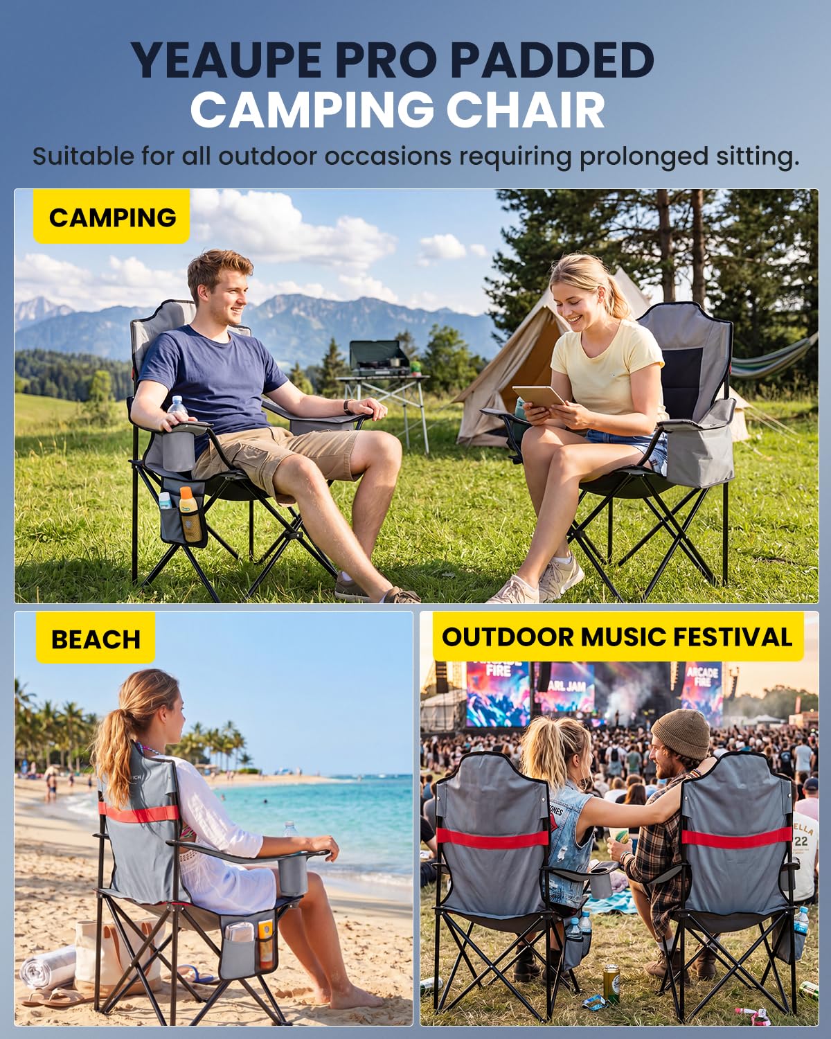 YEAUPE PRO Campingstuhl Faltbar Bequem Gepolster 2er Set, 150 KG Belastbar | Luxus Camping Stuhl mit Hochlehner, Breiter Sitz | Angelstuhl, Karpfenstuhl, Klappstuhl Camping Chair, XL