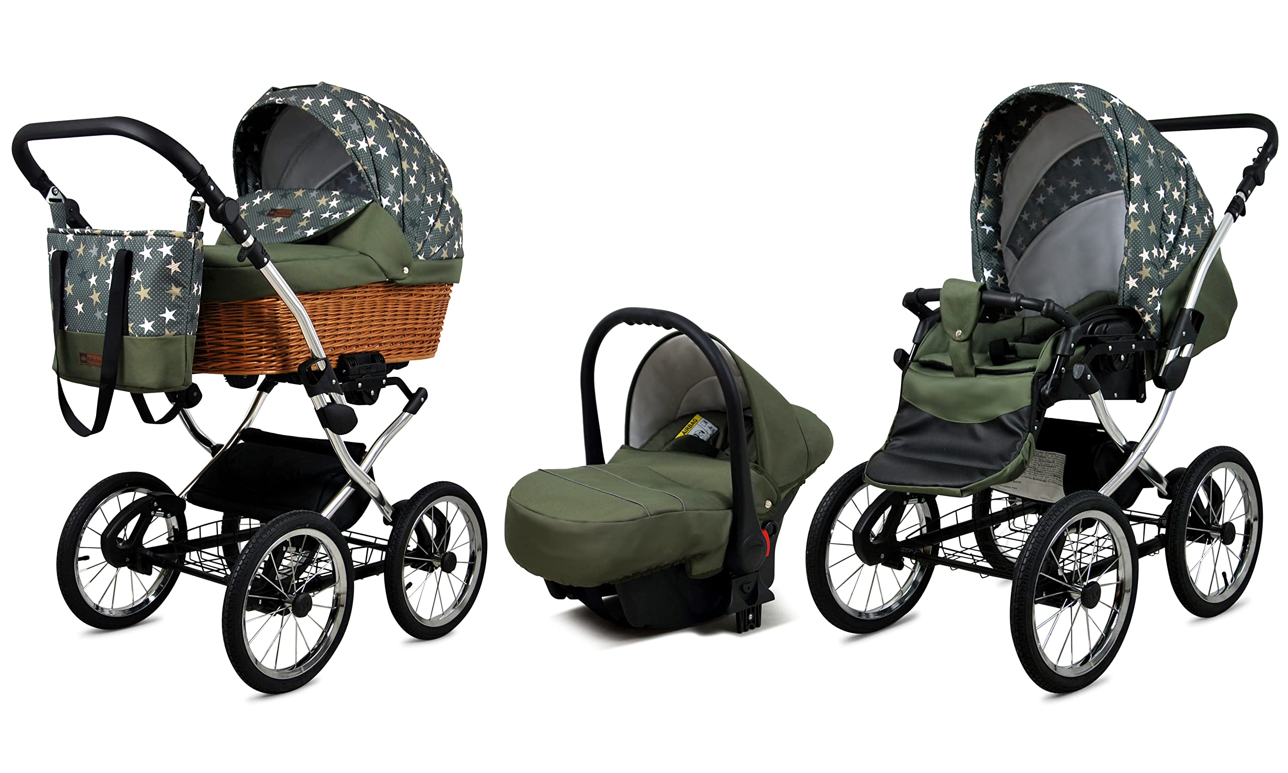 BabyLux Passeggino 3 in 1 con Seggiolino Auto per Bambini Piccoli – Passeggino per Neonati e Bambini –– Carrozzina Neonato – 59x105x125cm – Max 15kg – Olive Star Silver Frame