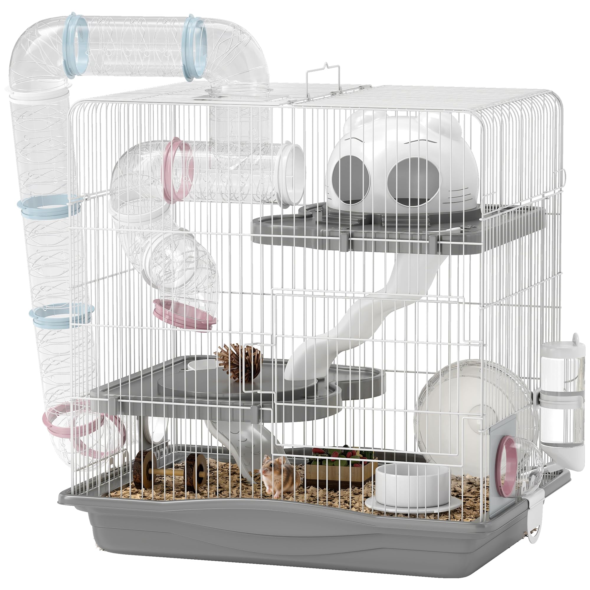 PawHut 3-Tier Hamster Cage, Gerbil Cage with Exercise Wheel, Tunnel, Water Bottle, Food Dish, Hut, Ramp, for Dwarf Hamsters, 45 x 30 x 45 cm, Grey