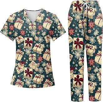 Generic Christmas Scrubs Set for Women Nurse Uniform Top & Pants with Multi Pocket for Nurse Esthetician Workwear