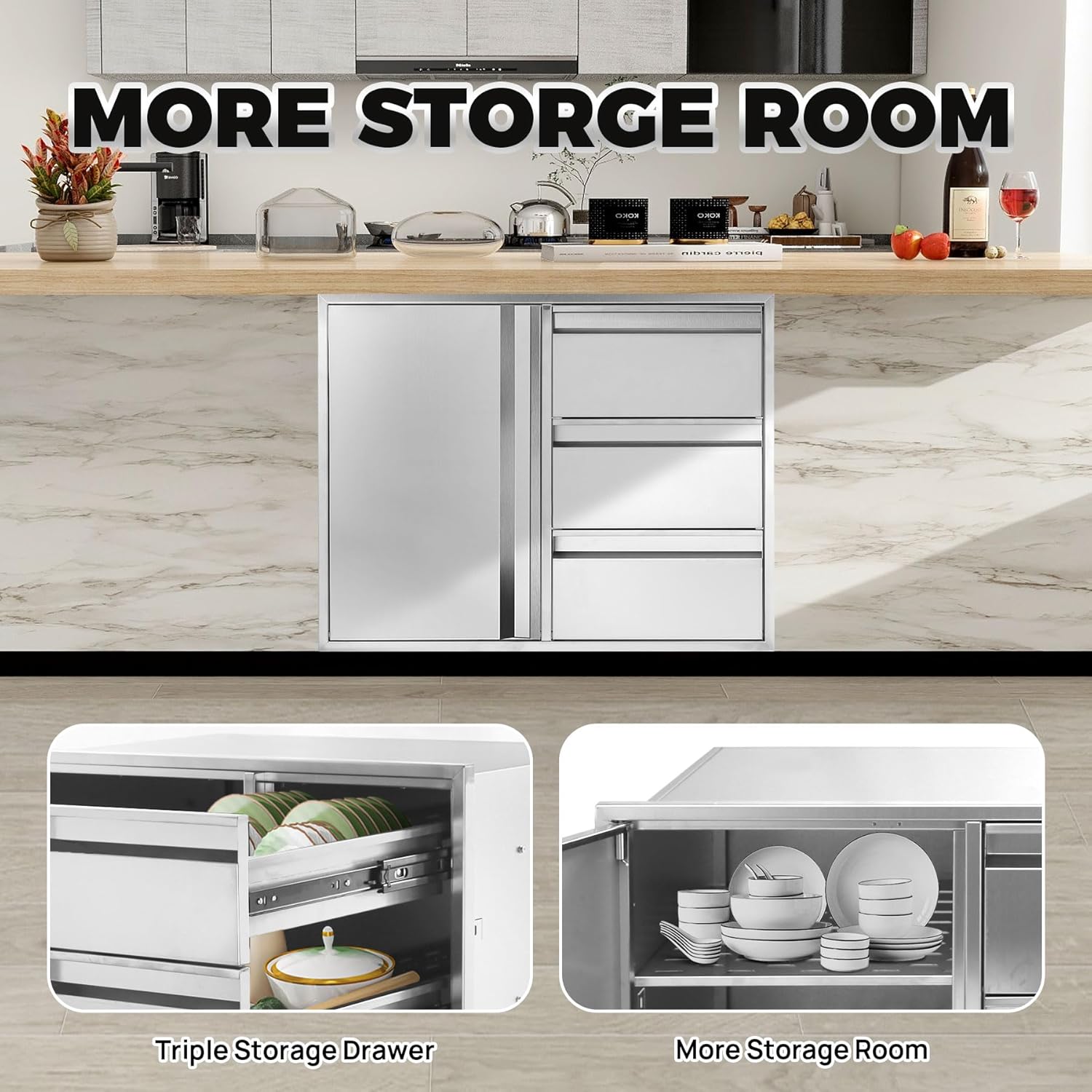 Karpevta Outdoor Kitchen Drawer Combo 28''W x 22''H x 19.5''D, Multi-Layer Design Access Door &Triple Drawers Combo Stainless Steel with Partition Perfect for Outdoor Kitchen BBQ Island