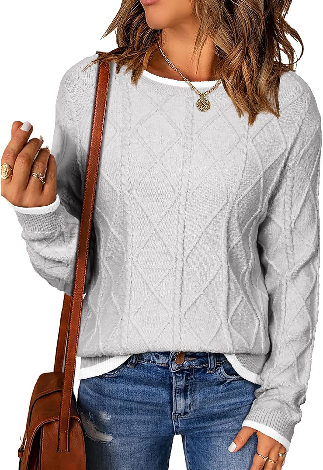 EVALESS Womens Sweaters Long Sleeve Crewneck Color Block Pullover Tops 2025 Fall Trendy Cable Knit Sweater