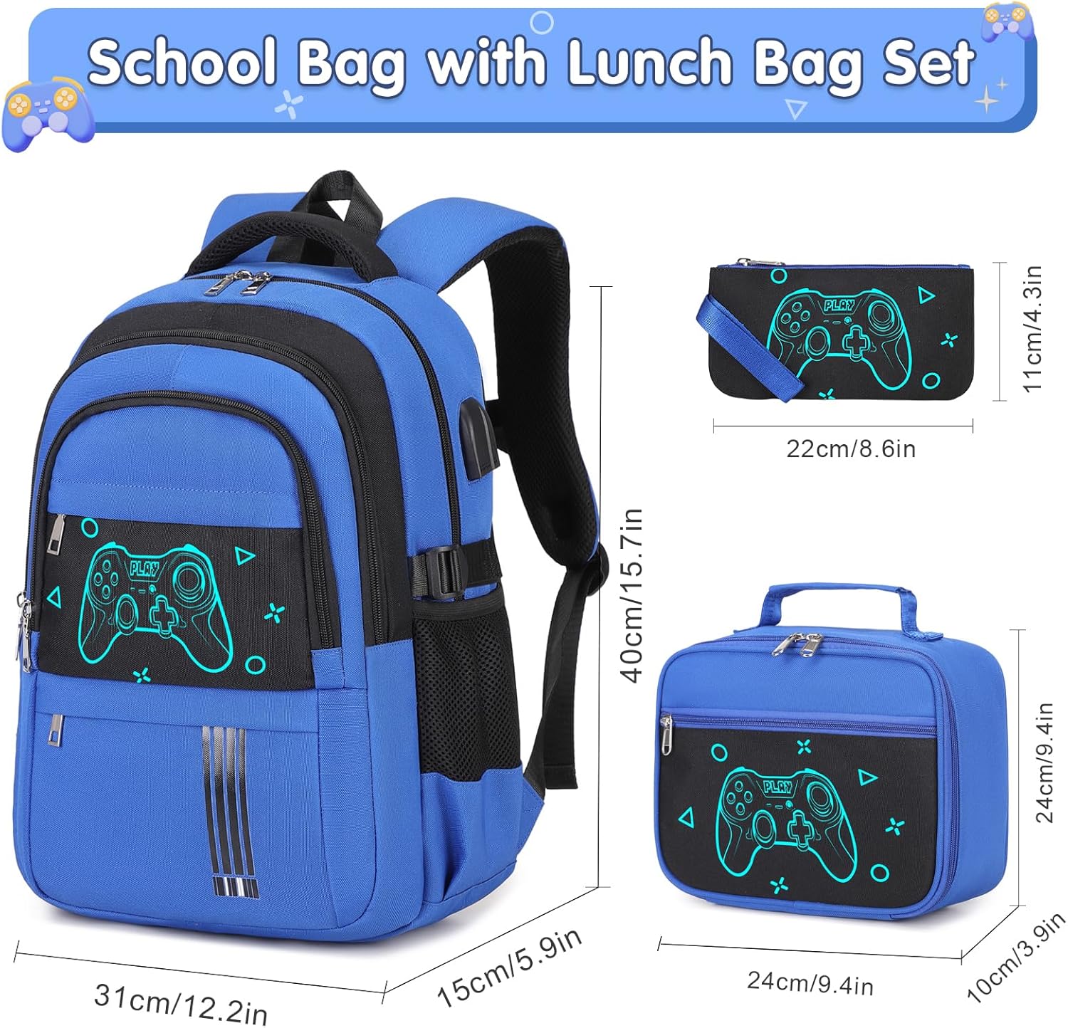 Boys Backpack - 3PCS Cool Luminous Backpack for Boys School Backpacks for Kids Kindergarten Elementary Preschool Middle School Bags with Lunch Box Pencil Case Set (Blue Game Console) - Image 2