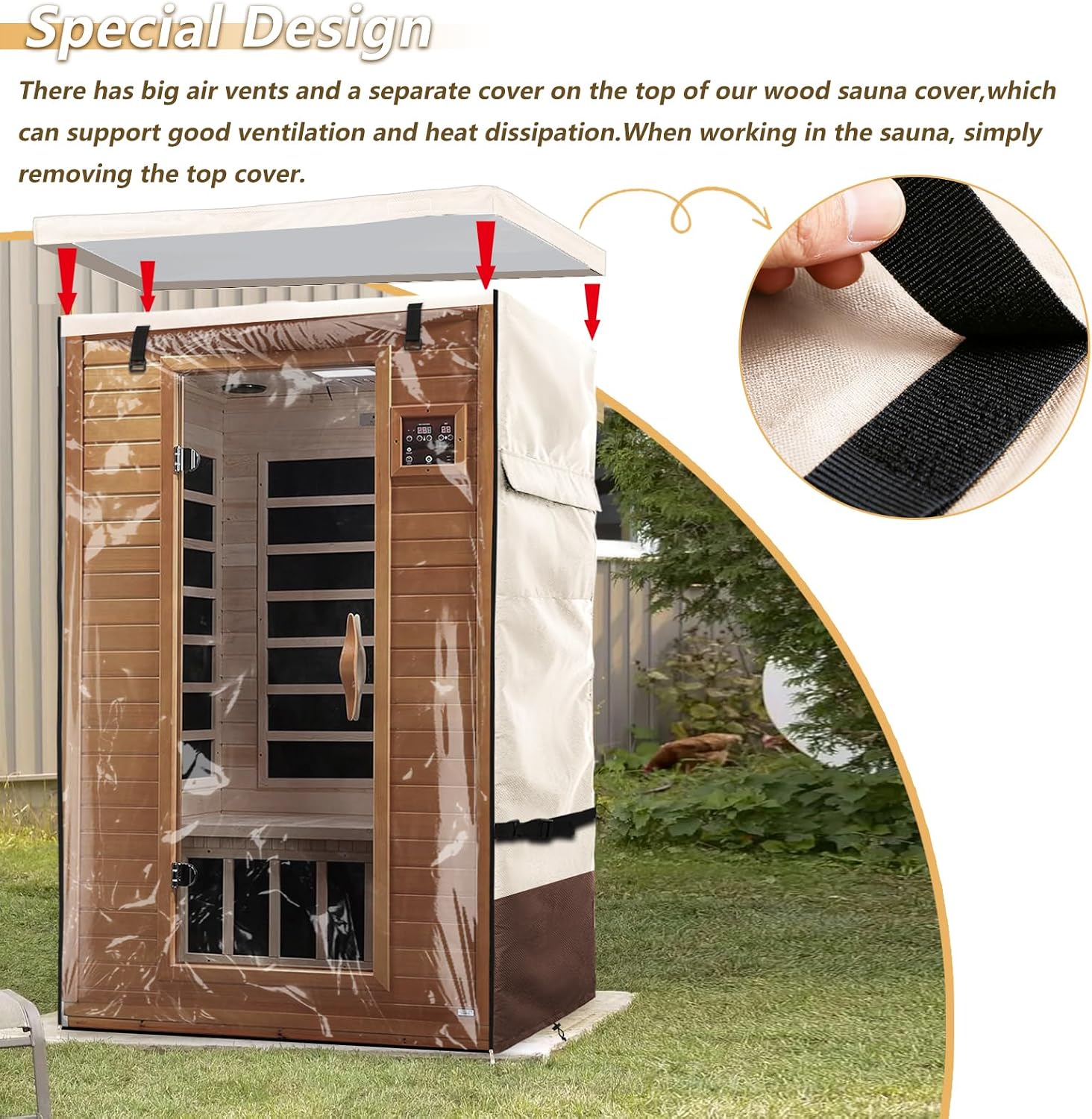 Outdoor Wood Sauna Cover,Sauna Covers with Separate Top Cover for Wood Home Spa Saunas,48"x43"x74.8" with PVC Clear Door Design,Beige&Brown
