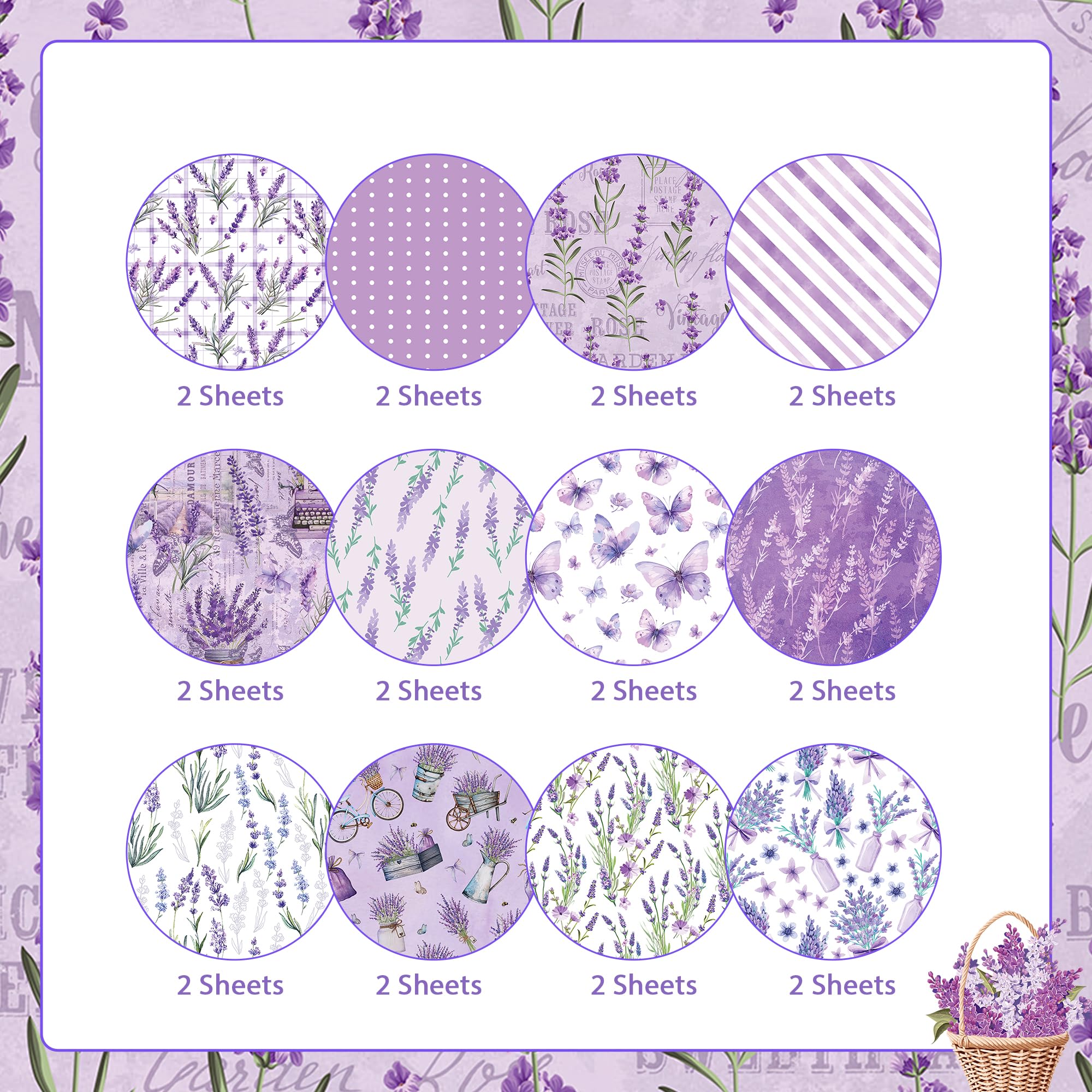 Konsait 24 Sheets Double Sided Lavender Scrapbook Paper 12x12, Flower Patterned Paper Purple Craft Floral Cardstock for Card Making Scrapbooking Supplies
