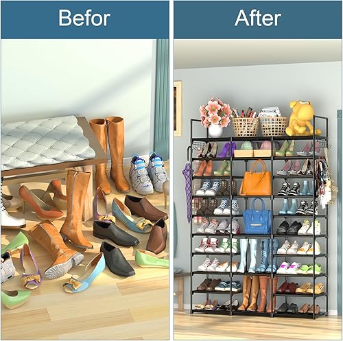Miniatura 5 de Kottwca Zapatero grande de 3 filas y 10 niveles para entrada de armario, 60 a 65 pares de zapateros, estante de metal para zapatos, vertical y
