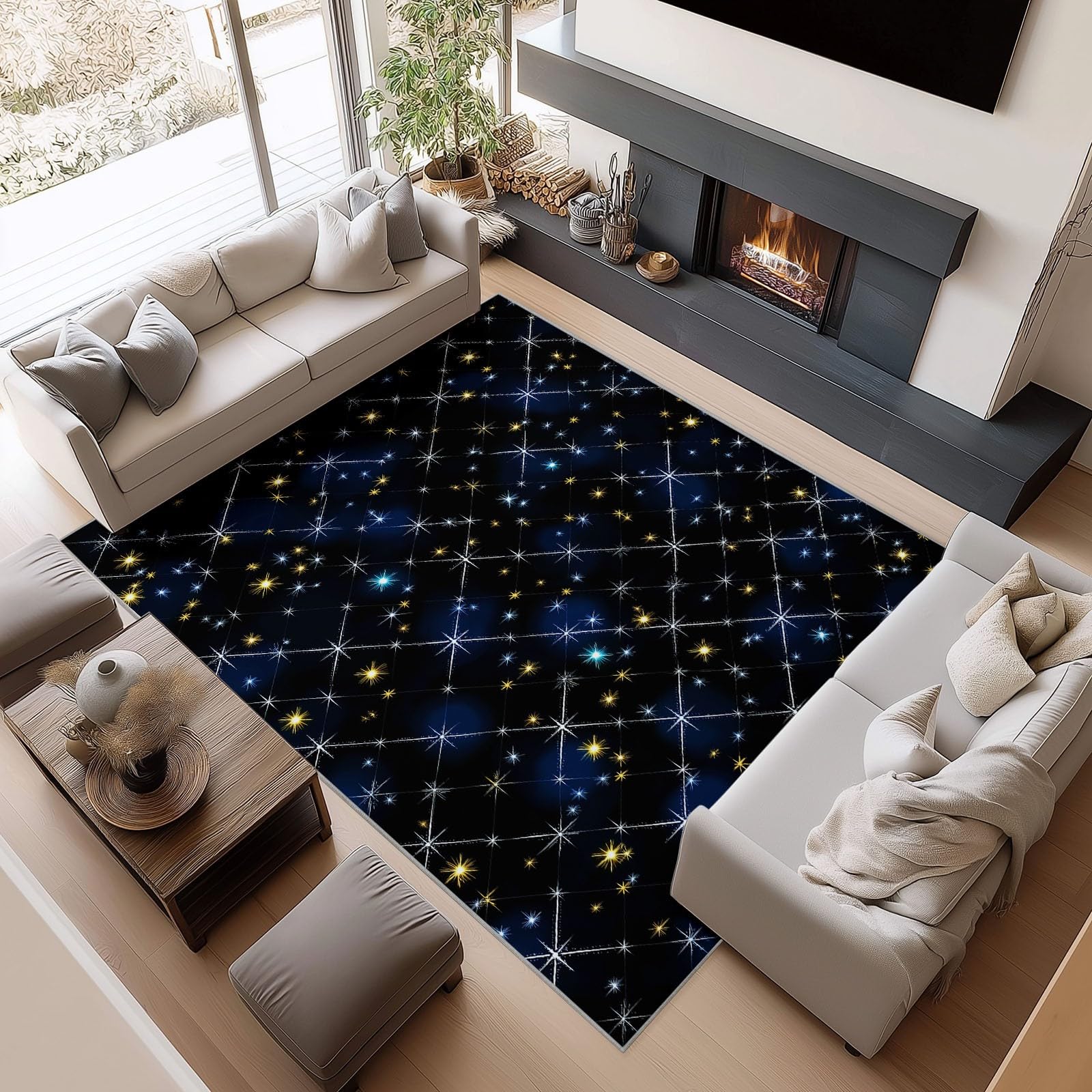 Generisch Waschbare Teppiche Pflegeleicht 90 x 150 cm Schwarz Cartoon Sternenhimmel Sterne Sternenlicht Pflegeleicht Teppich, Eingang Teppisch rutschfest Weich Kurzflor Kleiner Rugs für Flur Korridor